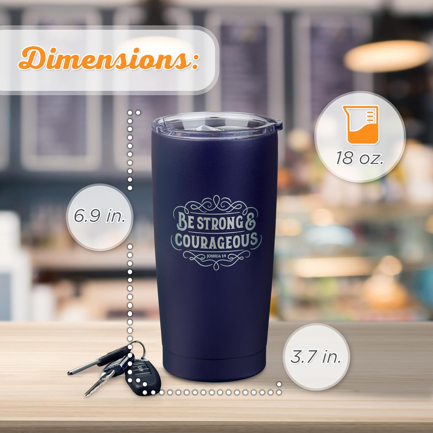 Christian Art Gifts Large Insulated Stainless Steel Travel Mug Tumbler for Men & Women: Strong & Courageous Uplifting Scripture, Double Wall Vacuum Sealed, Retractable Lid, Navy Blue & Silver, 18 oz. - Image 3