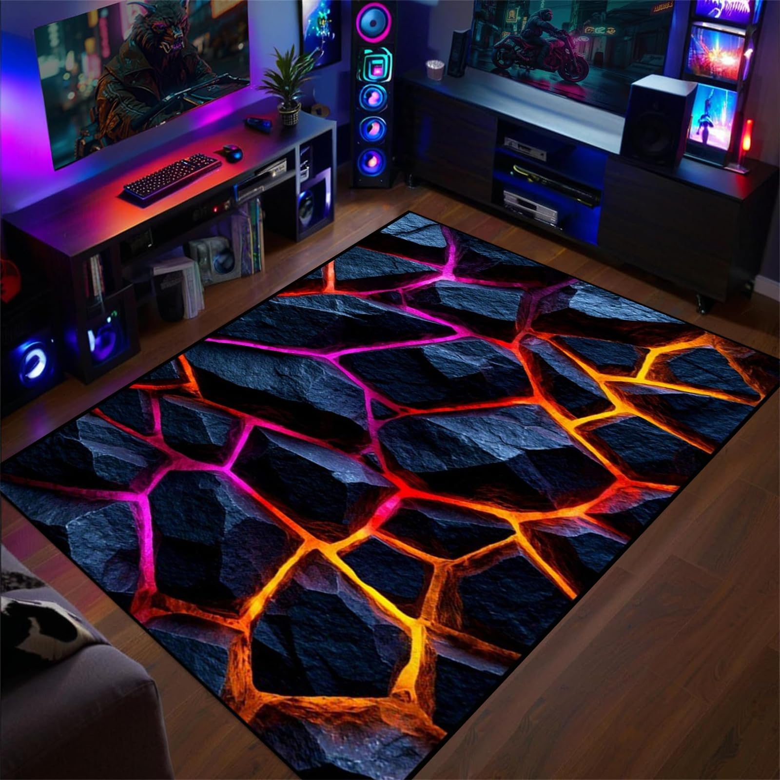 3D Hot Lava Area Rugs, 140x200 Cm, Optical Illusion Volcano Crack Floor Carpet, Modern Abstract Art Living Room Rug Durable Low Pile Machine Washable Carpets, for Boys Playroom, Home Decoration