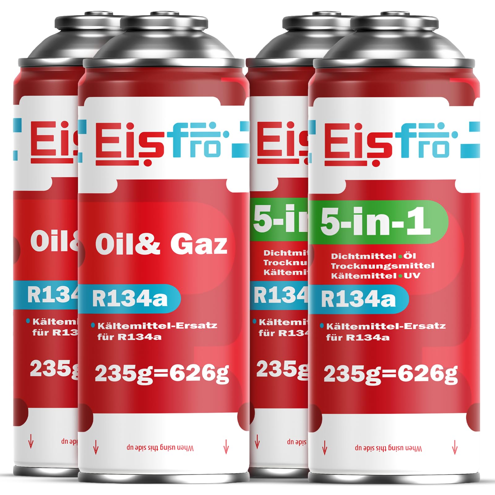 5-en-1 – Lot de Réfrigérant R134a – 2X Gaz R134a avec Huile + 2X Réfrigérant R134a 5-en-1 XL avec Stop-Fuite, Traceur UV Et Déshydratant – 4X 235 g