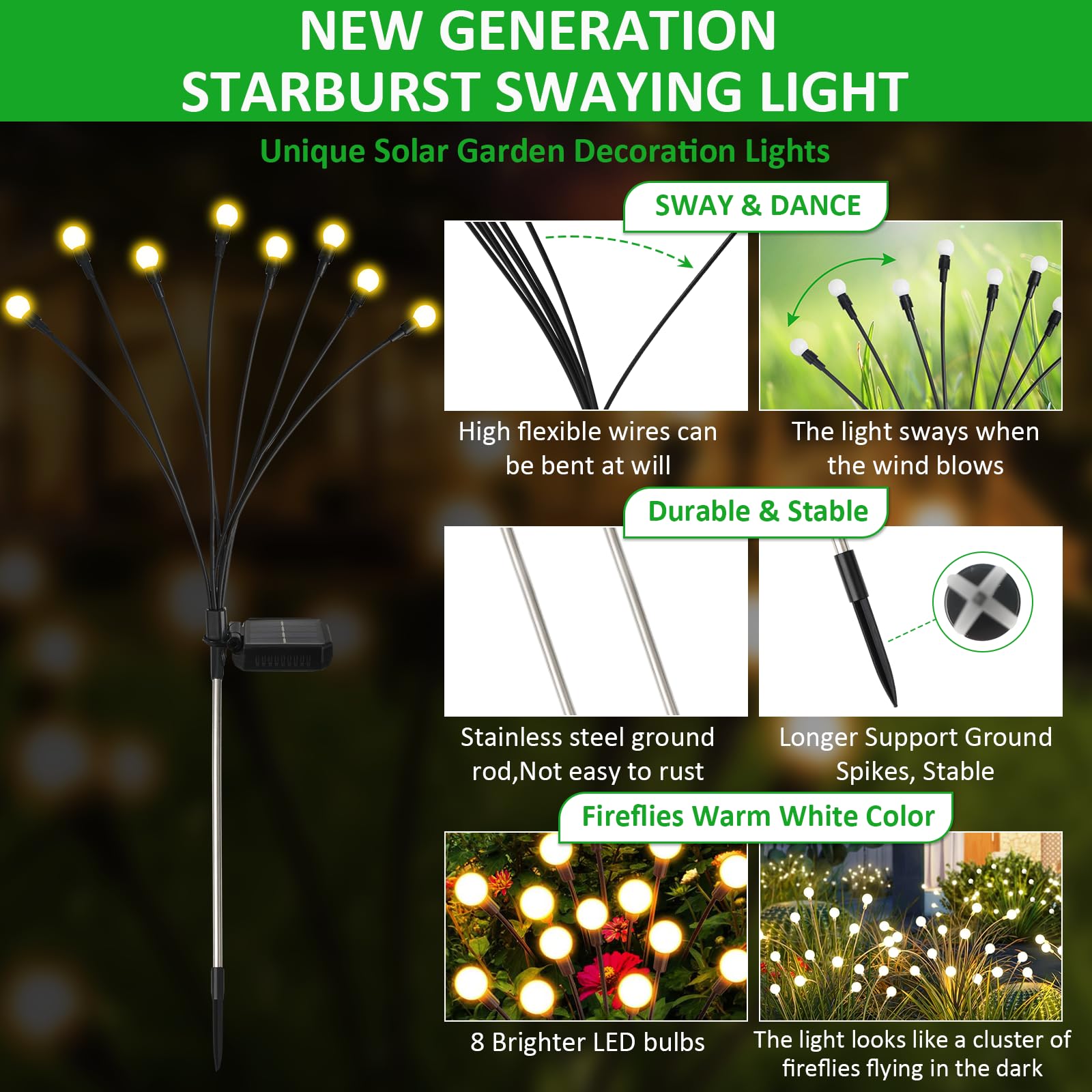 FIFlying Lampade solari per esterni da giardino, 6 pezzi 8 LED lucciole luci solari per esterni, nuove altezze opzionali, 8 modalità, luce lucciola, IP65, impermeabili, per pathway Yard Patio, YHC008