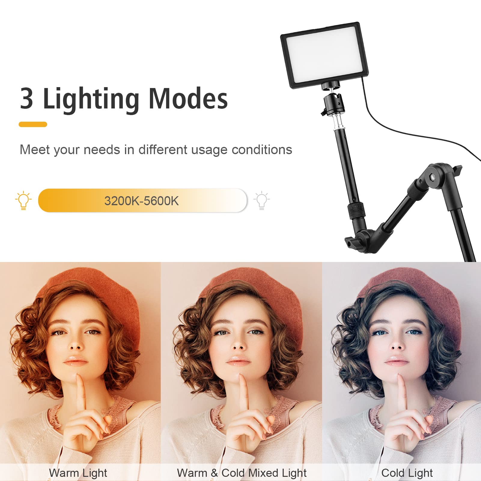 Andoer Andoer - Kit di illuminazione per videoconferenza USB, include luci video LED 3200K-5600K, dimmerabili, staffe di illuminazione pieghevoli per montaggio su scrivania, adattatore a sfera