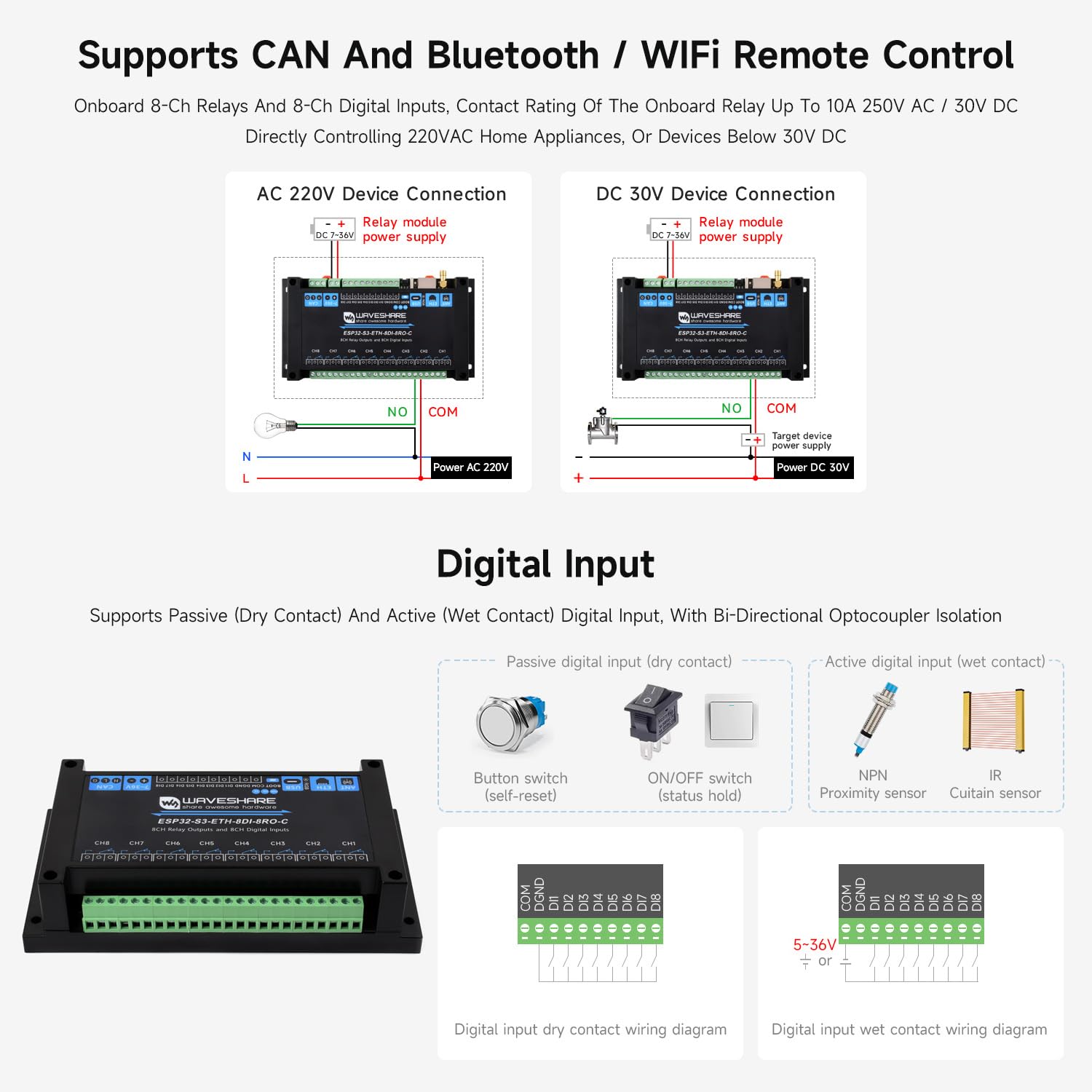 Waveshare ESP32-S3-ETH-8DI-8RO-C(Common Network Port), Industrial 8-Ch ESP32-S3 WiFi Relay Module, Isolated Can Interface, Xtensa 32-bit LX7 2-Core Processor, Up To 240MHz, Multi Isolation Protection