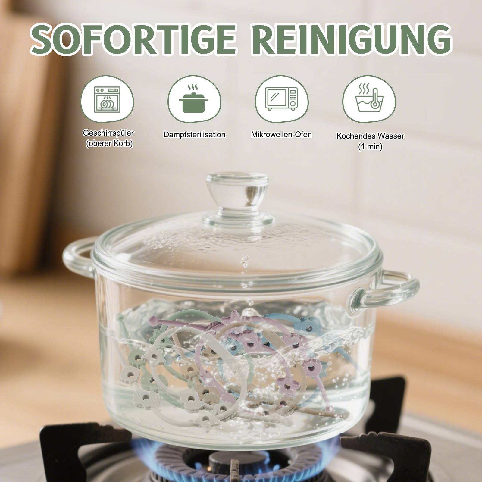 DOUUCO Lot de 5 attache-tétines en silicone avec clip réglable - Chaîne de poussette - Sans BPA - Accessoires de poussette, chaises hautes, biberons - 4