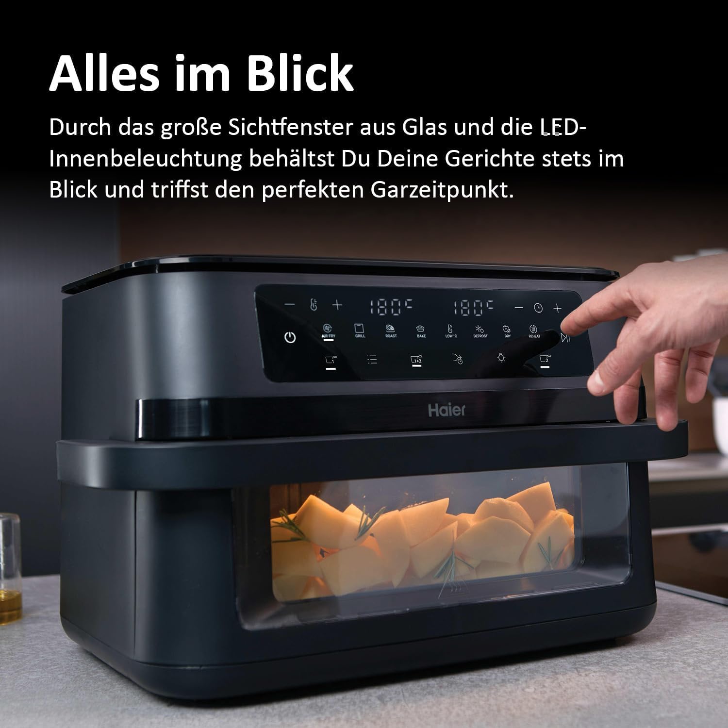 Haier Heißluftfritteuse Flex | 11 L Airfryer Dual mit herausnehmbarer Trennwand & Sichtfenster für 9 Portionen | 8 Funktionen | spülmaschinenfest