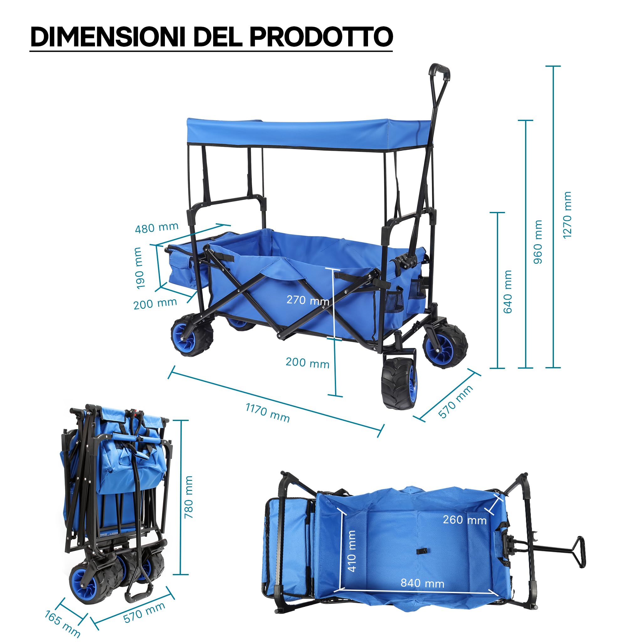 Wiltec Carretto a mano pieghevole, max 70 kg, tessuto impermeabile blu, Carrello spiaggia con parasole