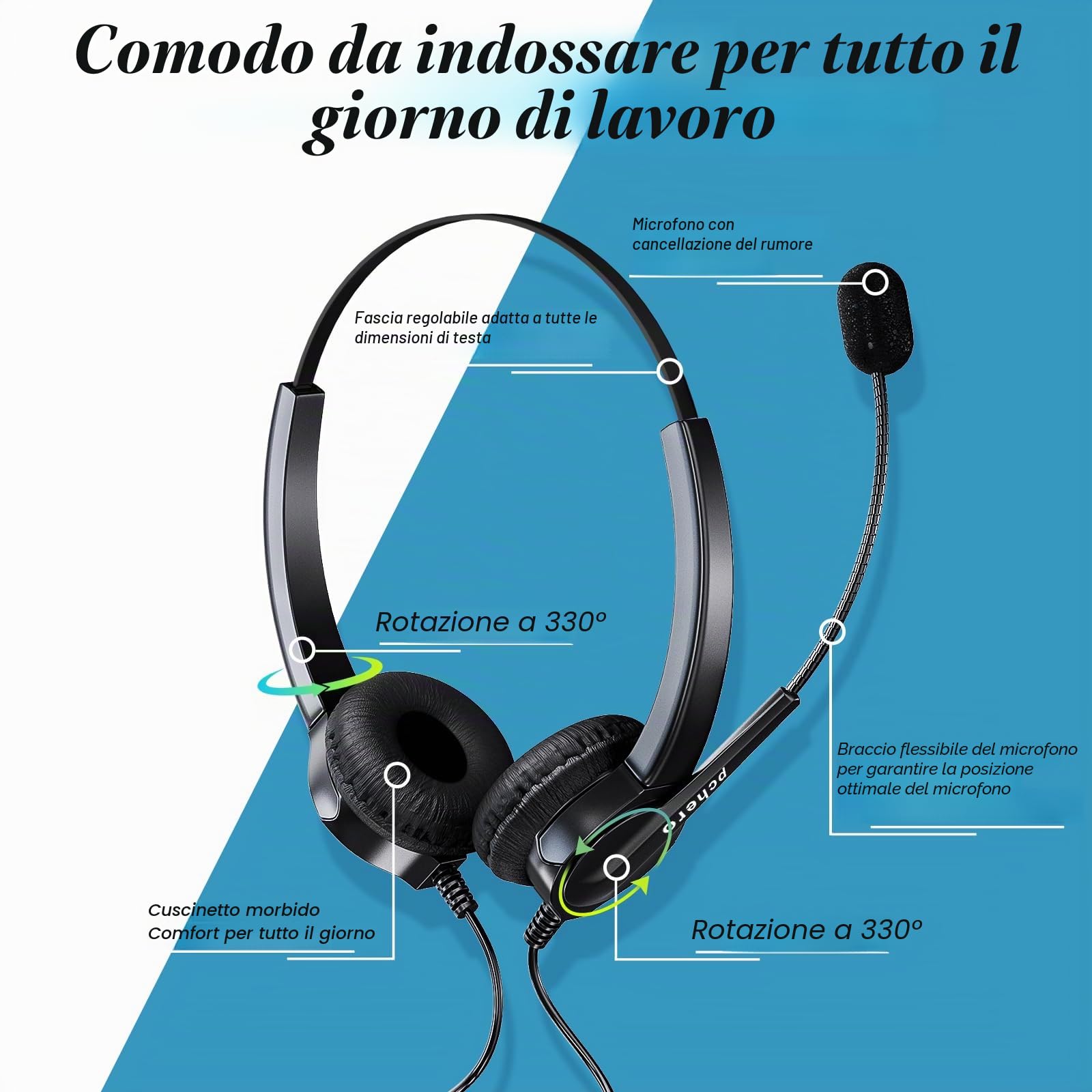 PChero Cuffie RJ9 Regolabile per Telefono Fisso Call Center Regolare con 4-Pin RJ9 Della Spina e Microfono