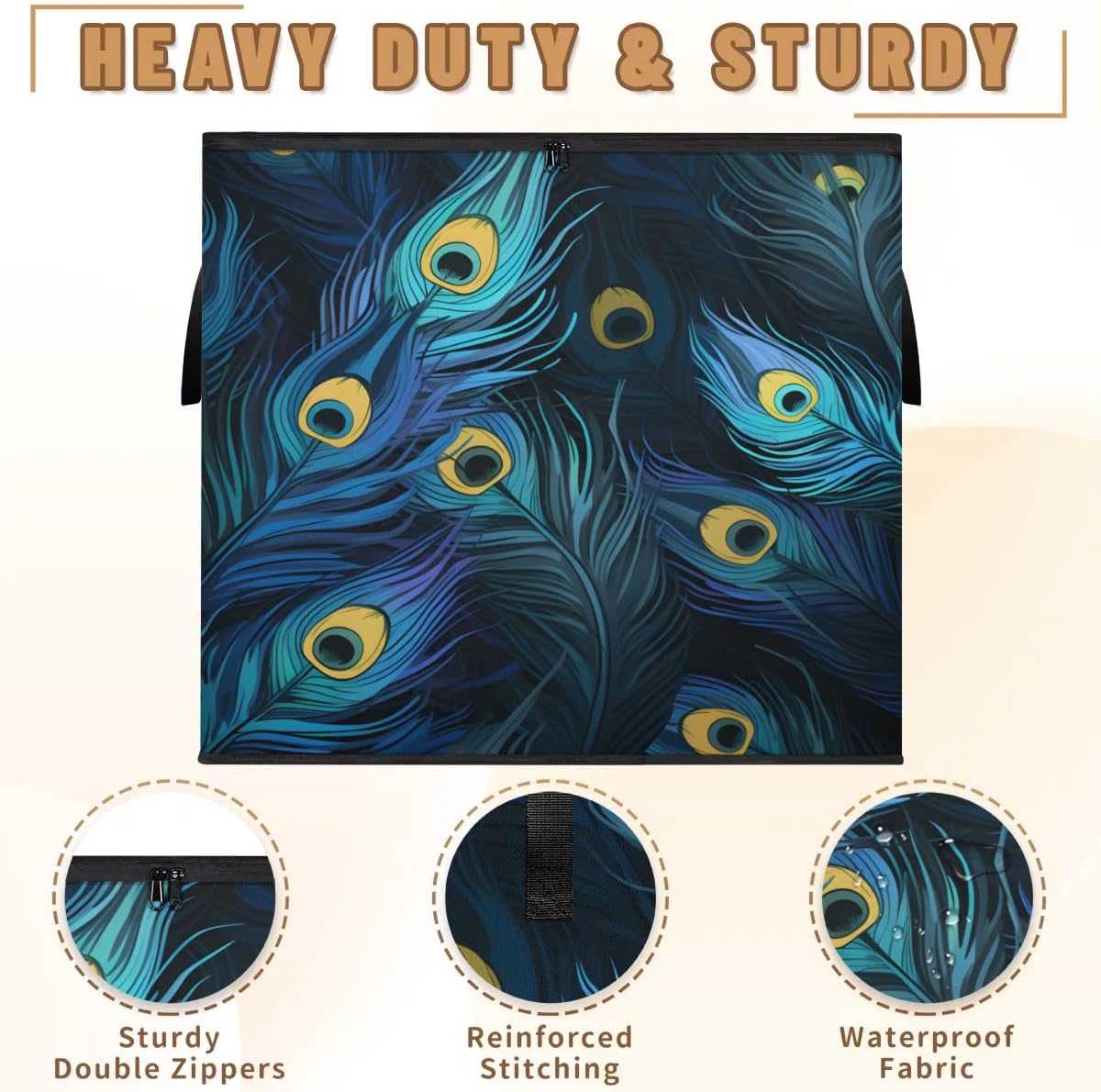 Honeybaby 214L Extra Large Comforter Storage Bag Feather Peacock Storage Totes with Lids Waterproof Closet Organizer Folding Blanket Storage Bags for Clothes Bedding Pillows