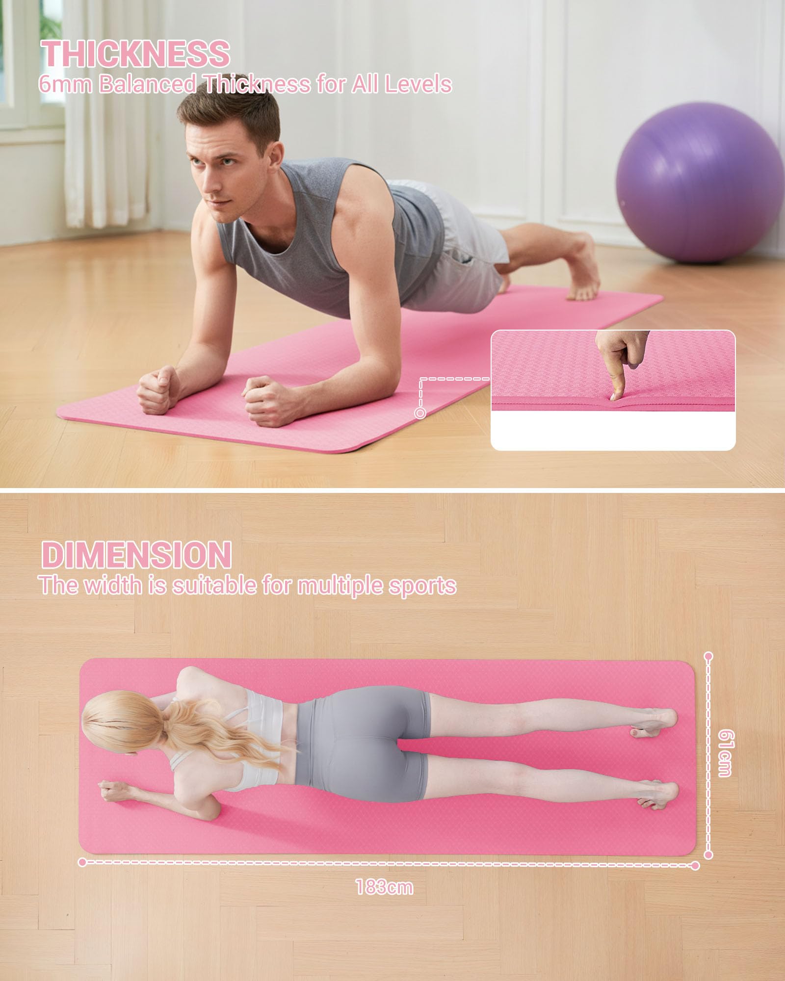 Good Nite Tappetino da ginnastica, yoga, fitness, antiscivolo, per allenamento, sport, turn, pilates, con tracolla, 183 x 61 x 0,6 cm