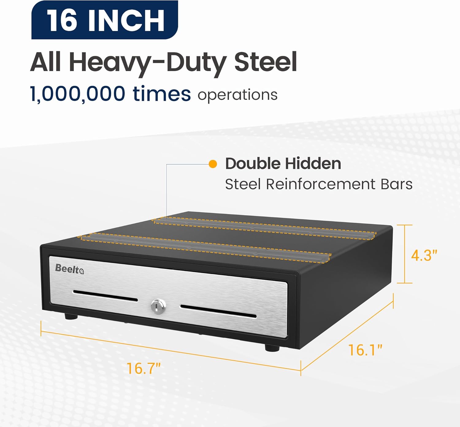 16" Cash Drawer for Small Business - Stainless Steel Front Panel, Removable Cash Tray, Electronic Cash Box, 5Bill/5Coin, RJ11/12 Cable Cashier Register