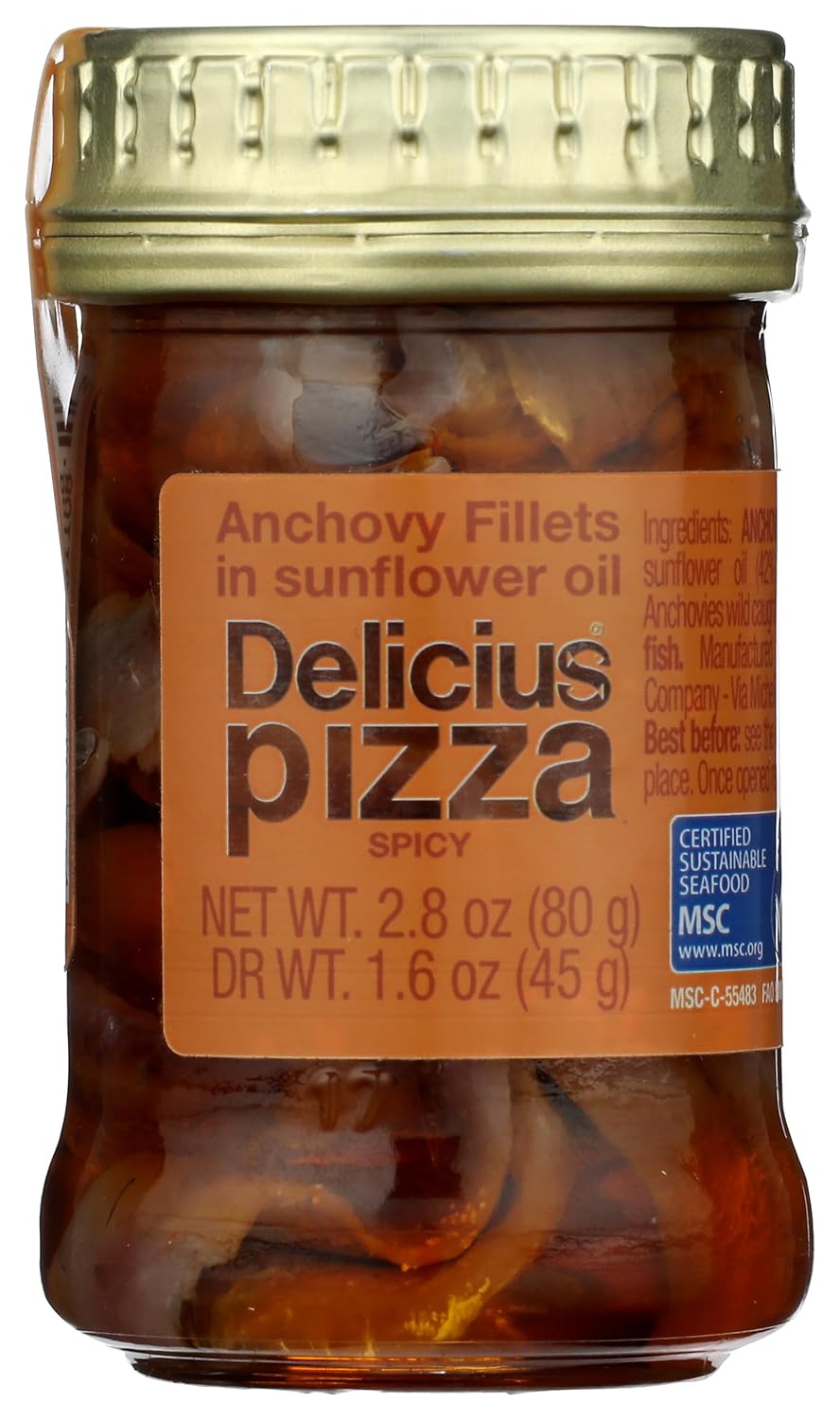 Delicius Spicy Anchovy Fillets in Sunflower Oil for Pizza - 2.8 oz Premium Clean Ingredients