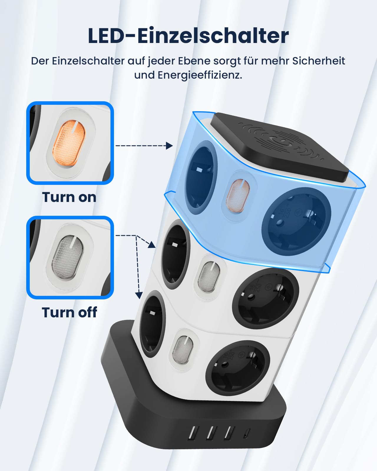 Mehrfachsteckdose mit 4 USB, Acodot 12 Fach Mehrfachsteckdose mit Schalter, Steckdosenleiste überspannungsschutz Tower mit 4 Mehrfachstecker,Originelles Design Nachtlicht und 3M Kabel 2500W für Büro