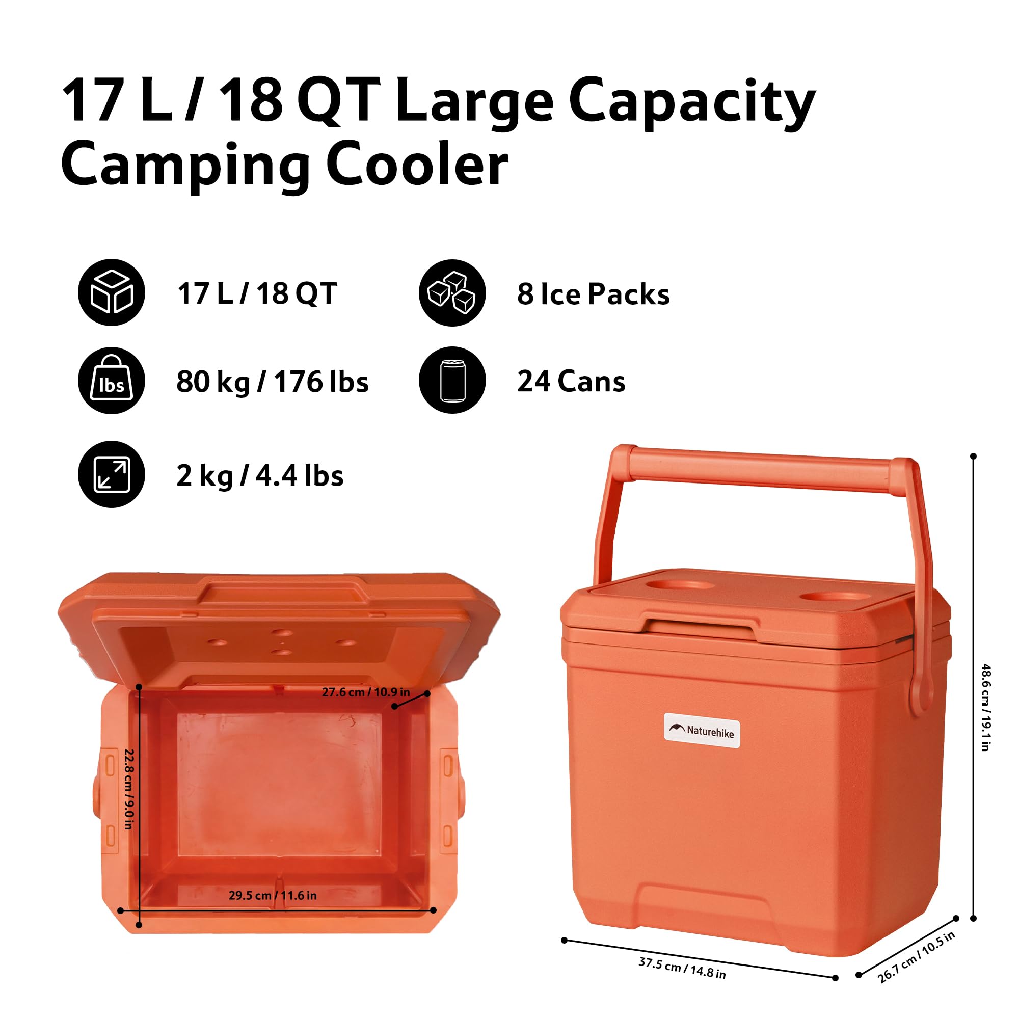 Naturehike Lodówka podróżna 17 l/24 litry/36 litrów, wysokiej jakości pudełko termoizolacyjne z poliuretanu (PU) 48 godz. wydajność chłodzenia, torba chłodząca na kemping, piknik, festiwale, do