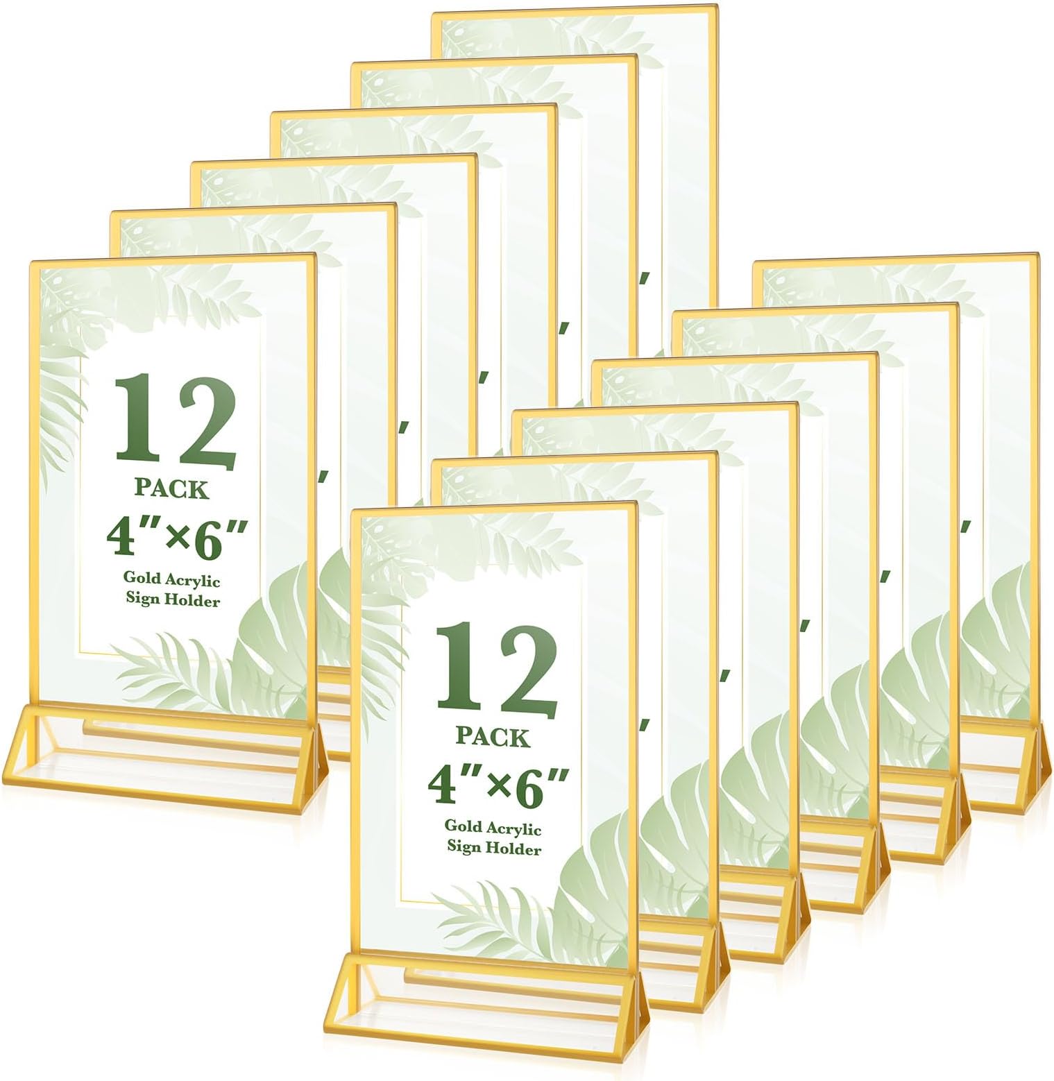 12 Pack Gold Acrylic Sign Holders 4x6, Double Sided Vertical Stand Clear Picture Frame Stands, Menu Flyer Holder for Wedding Table Numbers, Restaurant Signs, Party and Office Photos