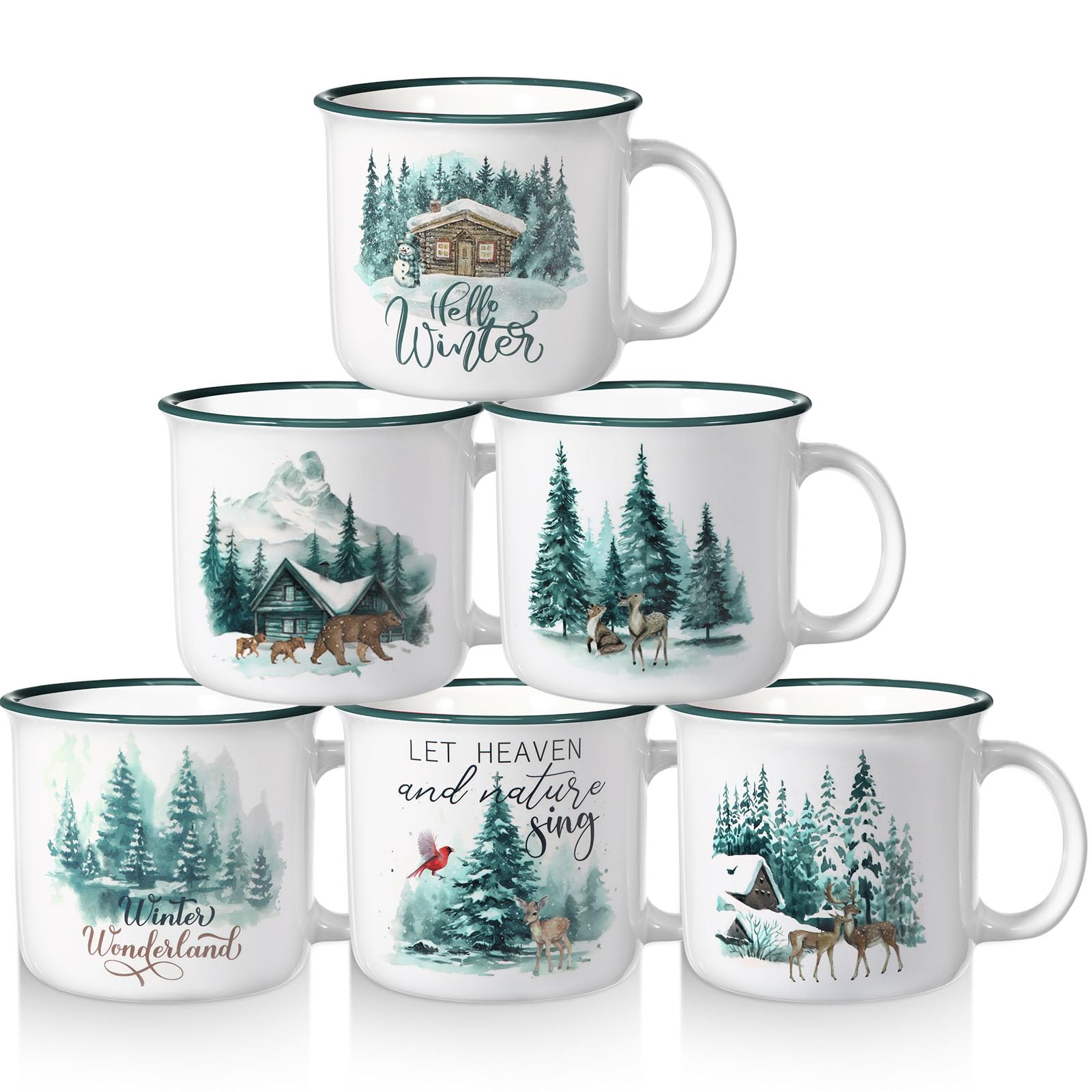 Pickmesh Juego de 6 tazas de café de cerámica de Navidad de 14 onzas, tazas de Navidad con asa, tazas de Navidad esmaltadas para invierno, regalo de Navidad, suministros de fiesta de Navidad