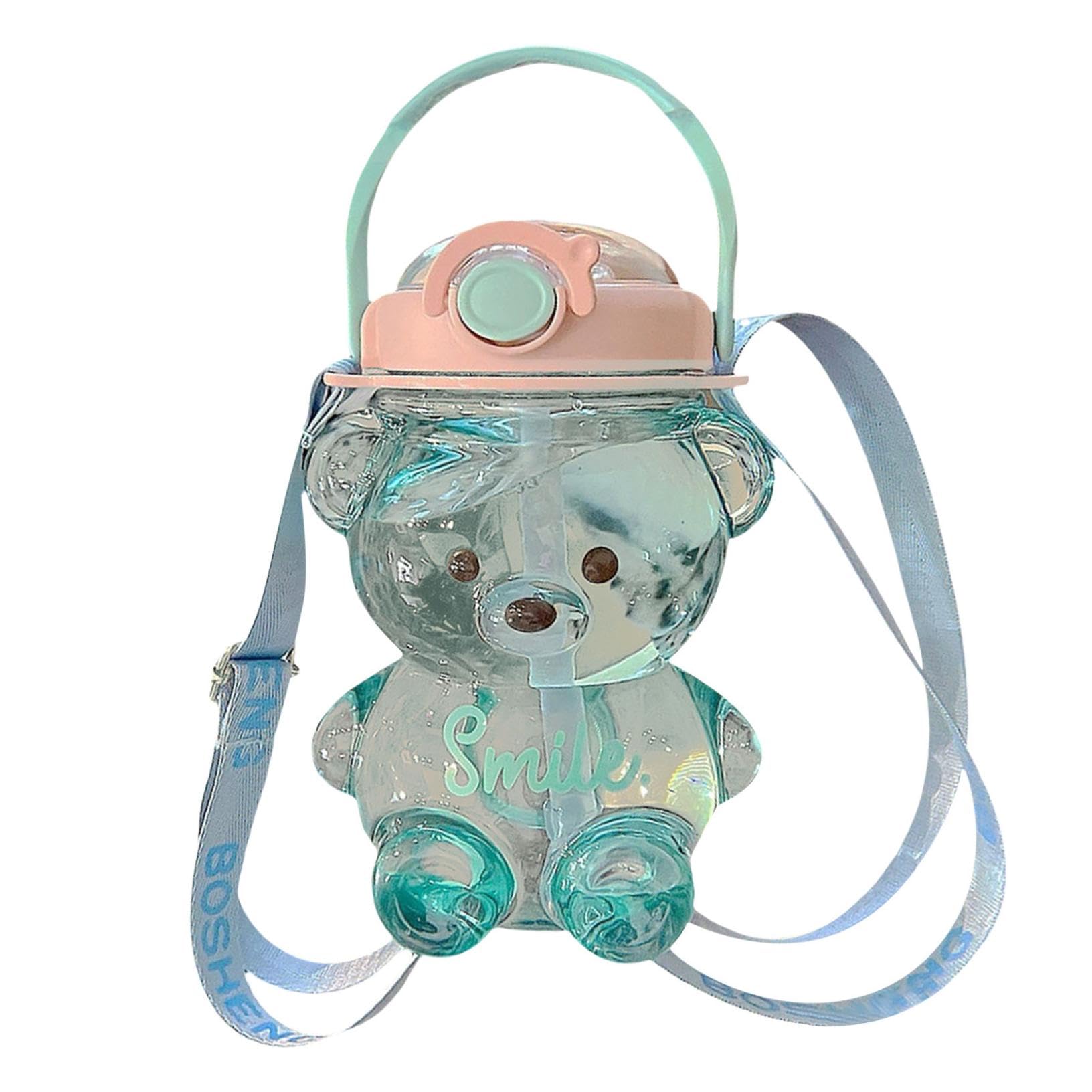 32oz Bear Shaped Straw Water Bottle with Straw, Portable Cute Water Bottles with Adjustable & Removable Shoulder Strap, 1000ML Leak-Proof Cute Bear Outdoor Sports Drinking Bottle for School Travel (A)