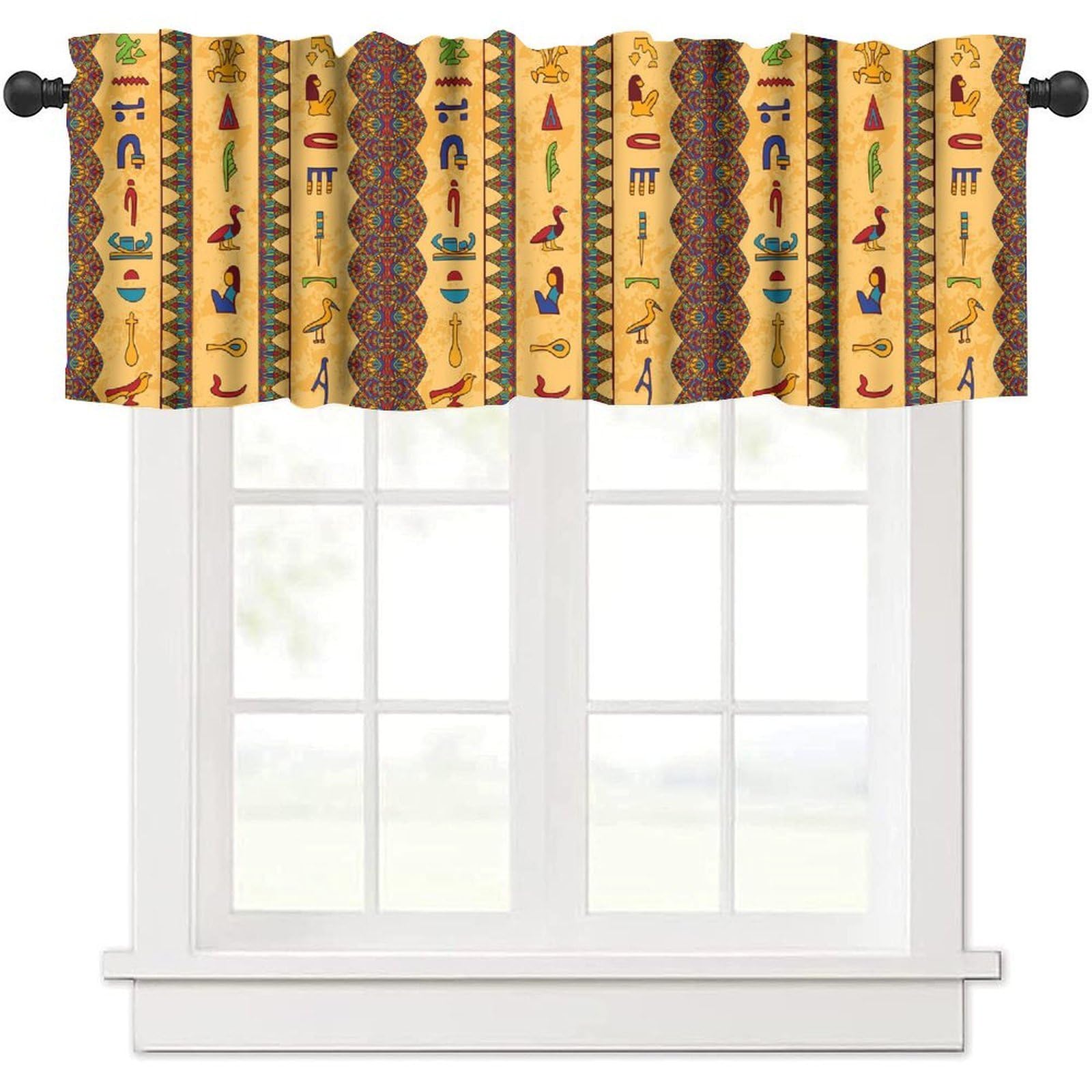 moderw Vintage Ancient Egypt Curtains Valance, Retro Old Egyptian Hieroglyphics Floral Geometric Mysterious Egypt Culture Window Valance Curtain for Farmhouse Bedroom Living Room Kitchen 54x18inch