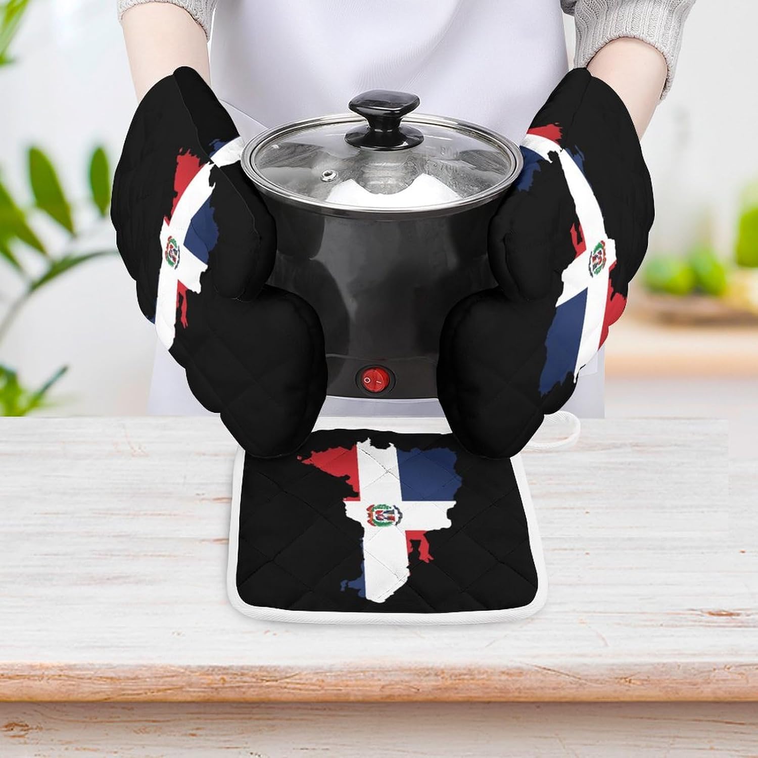 Dominican Republic Map Flag Print Oven Mitts and Pot Holders 3 Piece Sets Heat Resistant Gloves Hot Pads Potholders for Kitchen Baking Cooking