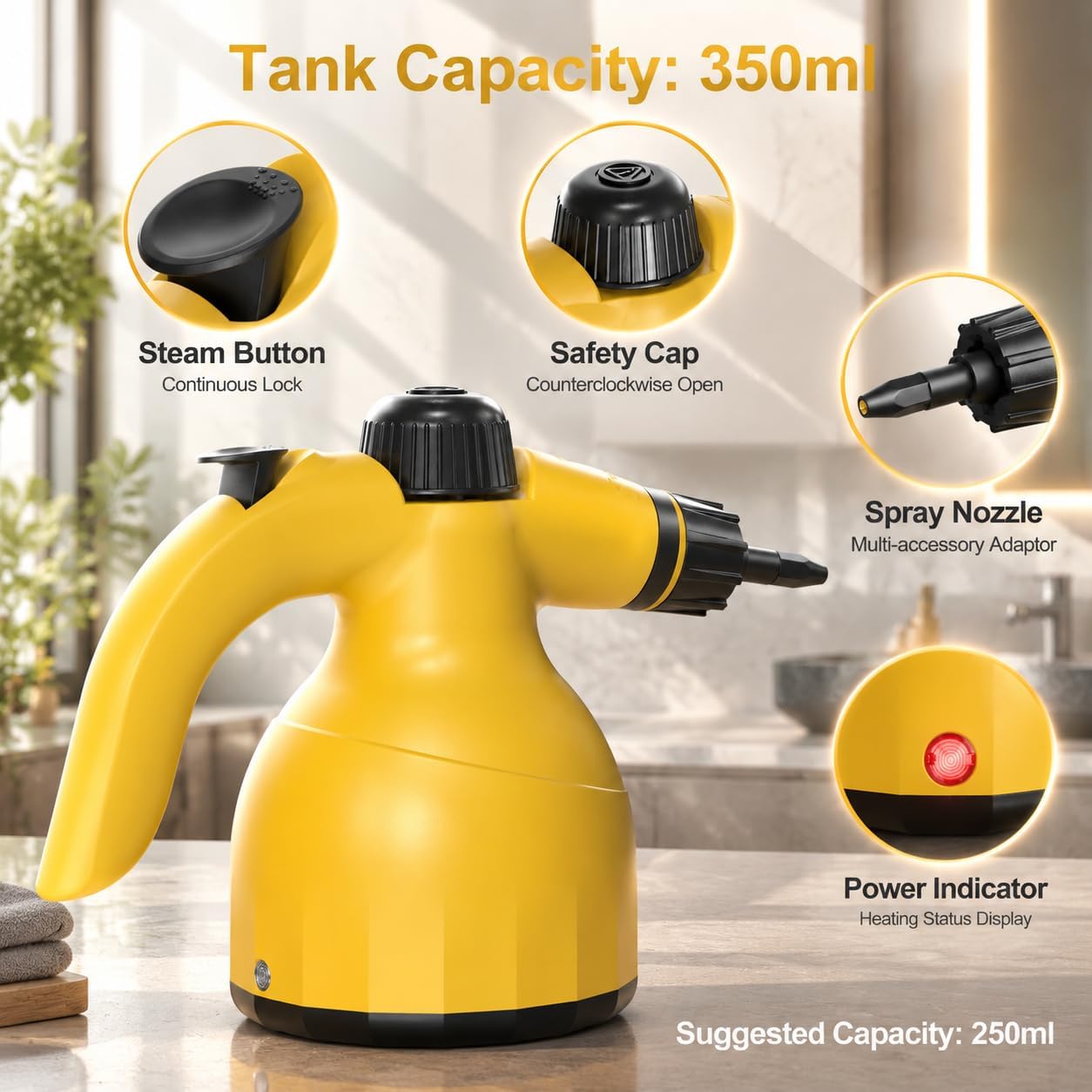 Handheld Steam Cleaner, Pressurized Multi‑Surface Steamer with 12‑Piece Accessories, 230°F Chemical‑Free Natural Steam Cleaner for Home, Tile, Grout, Floor, Couch, Car Cleaning, Yellow
