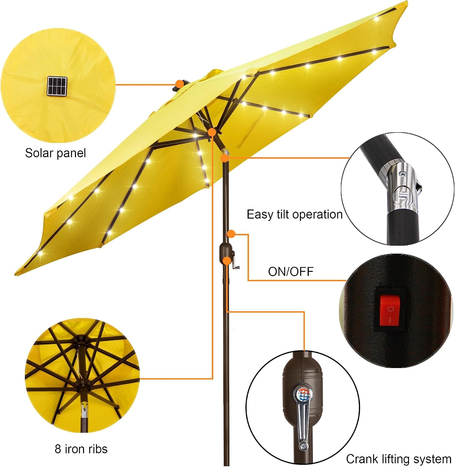 blissun 9 ft solar umbrella, 32 led lighted patio umbrella, table market umbrella, outdoor umbrella for garden, deck, backyard, pool and beach (yellow)