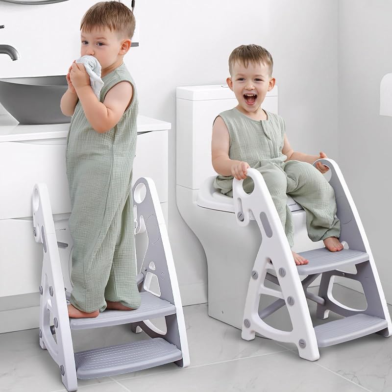 Inodoro de entrenamiento para ir al baño, orinal estable 2 en 1 con taburete | Asiento y escalón ajustables en altura, escalón extra ancho, almohadilla antideslizante, protector contra salpicaduras, para niños y niñas, gris