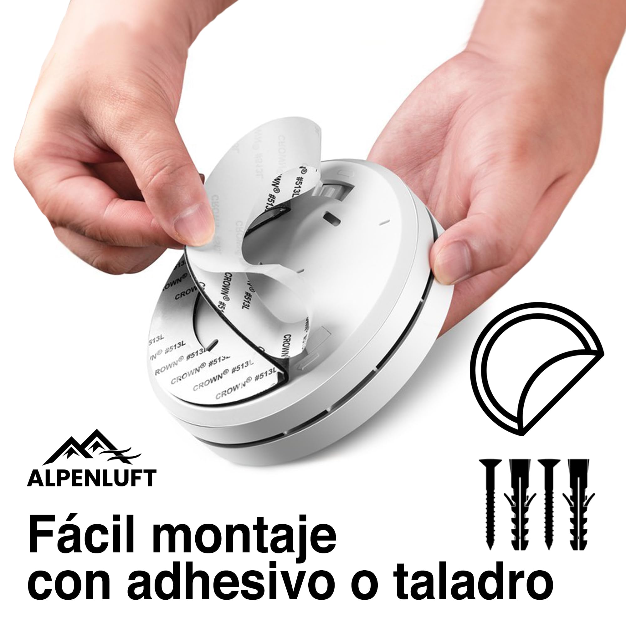 ALPENLUFT Detector de Humo 10 años de batería, Detector de Incendios, Smoke Detector, Sin perforación, Sin LED Intermitente, para hogar (Set con 1)