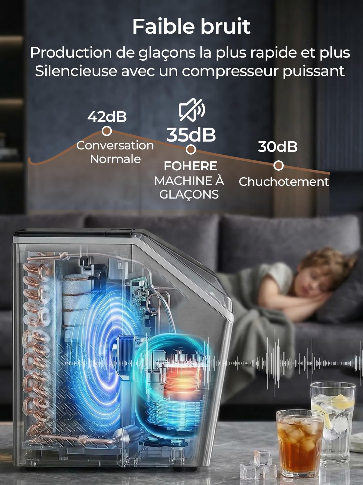 FOHERE Machine à Glaçons en Acier Inoxydable, 24kg/24h, 24 Glaçons en 10-15 Min, Réservoir 3,2L avec Minuterie, Auto-Nettoyage & Dégivrage, Double Alimentation en Eau, 40 dB, Bar & Gastronomie
