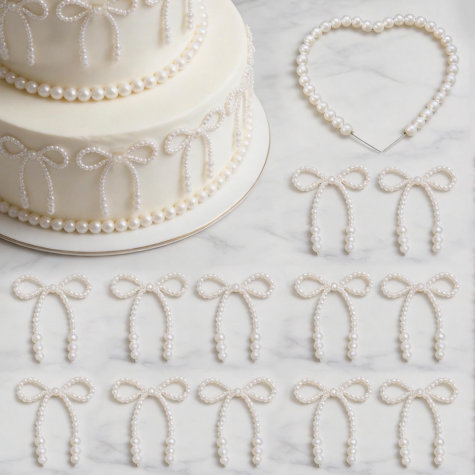 11Pcs Pearl Cake Bows and Heart Decorations - Elegant White Bow Cake Topper Set for Birthday Wedding Party Decor