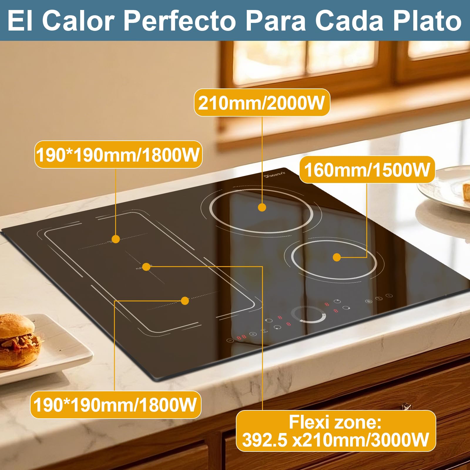 Placa Induccion 4 Fuegos 7200W, Placa de Inducción Integrada 4 Placas Disaenvir, Vitroceramica Induccion Flexible Zone, Función Boost, 9 Puestos, con Temporizador, Anti-Touch-Funktion