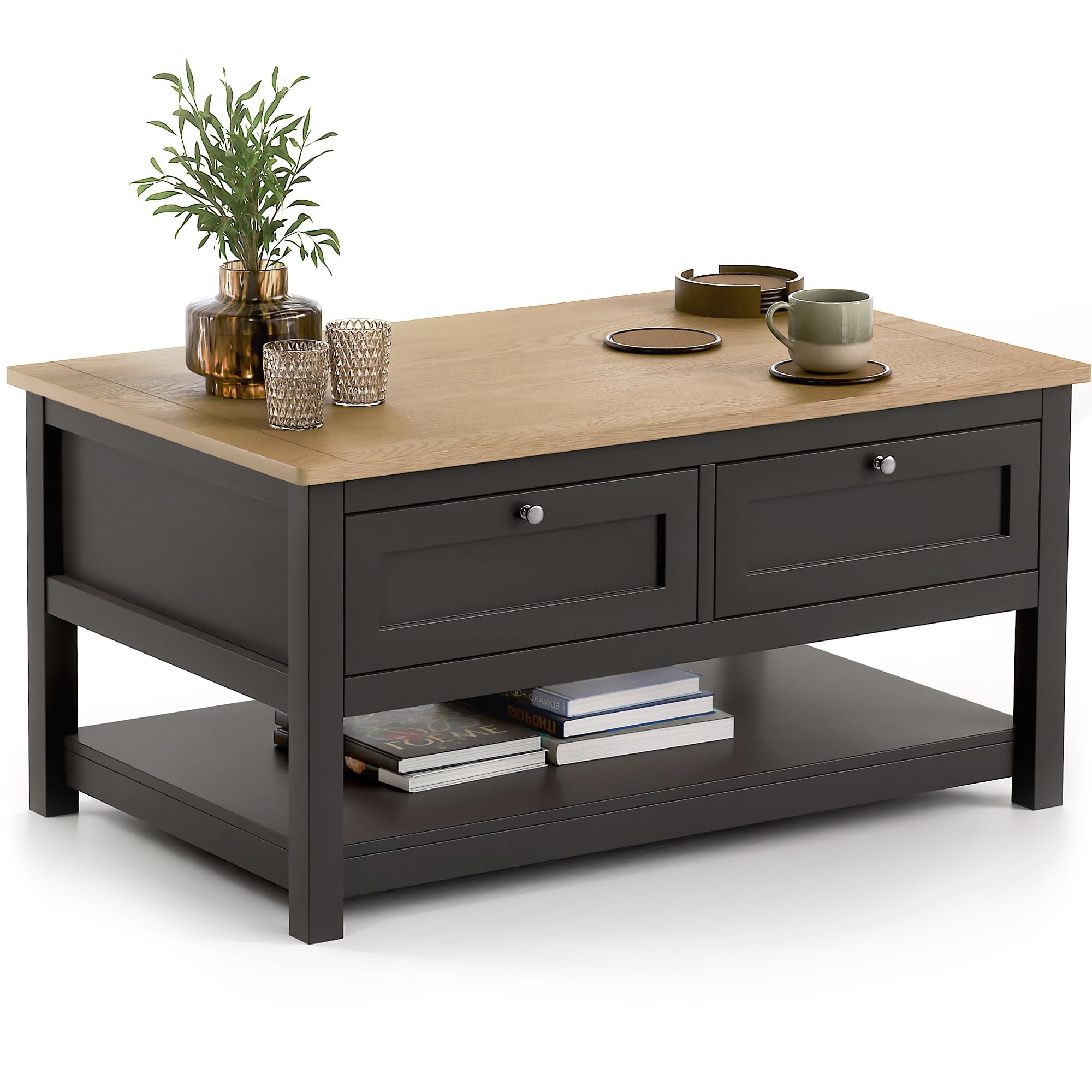 CHRISTOW Coffee Table with Storage & Oak-Effect Top, Lower Shelf & 2 Pull-Down Drawers, Modern 2-Tier Living Room or Bedroom Table, Sturdy MDF Frame, Matte Painted – Charcoal, H43cm x W86cm x D55cm