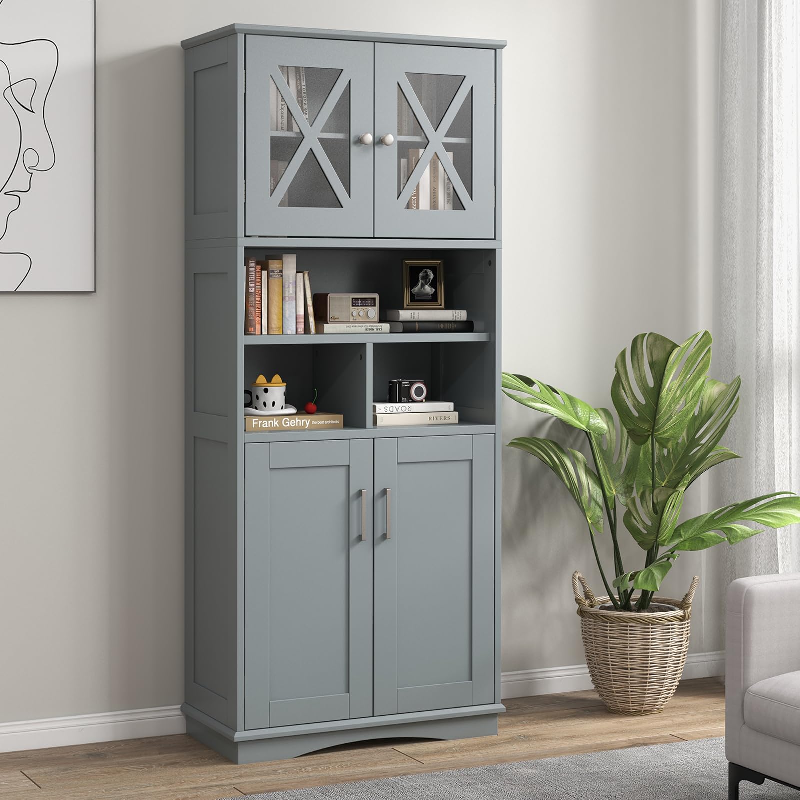 GIANTEX Badezimmerschrank, schmaler Badschrank mit 4 Türen, Verstellbarer Ablage & 3 offenen Fächern, Hochschrank für Badezimmer & Wohnzimmer (Grau,60 x 30 x 145 cm)