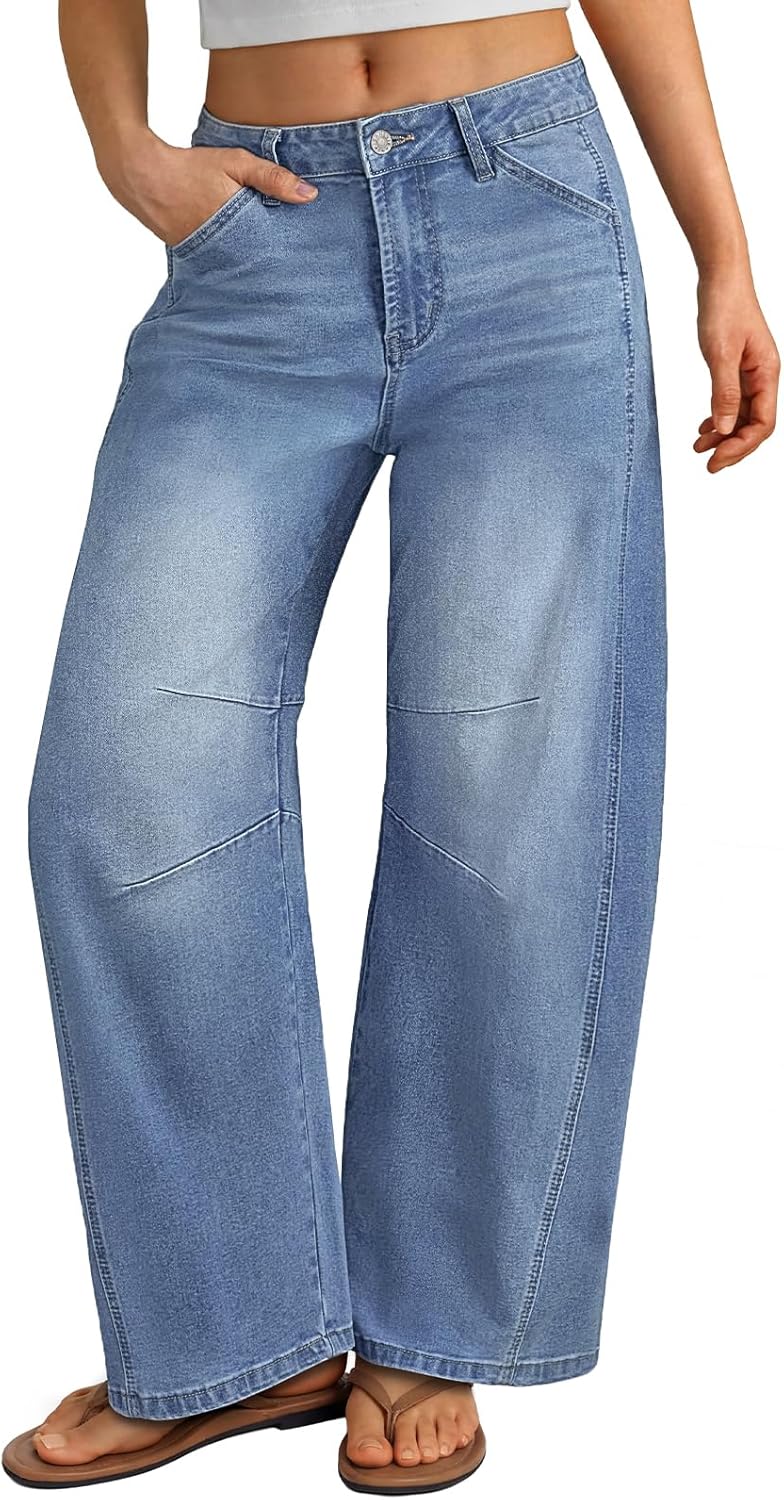 Trendy Queen Women‘s Barrel Jeans - Wide Leg & High Waisted Denim Pants with Curved Hem and Slant Pockets