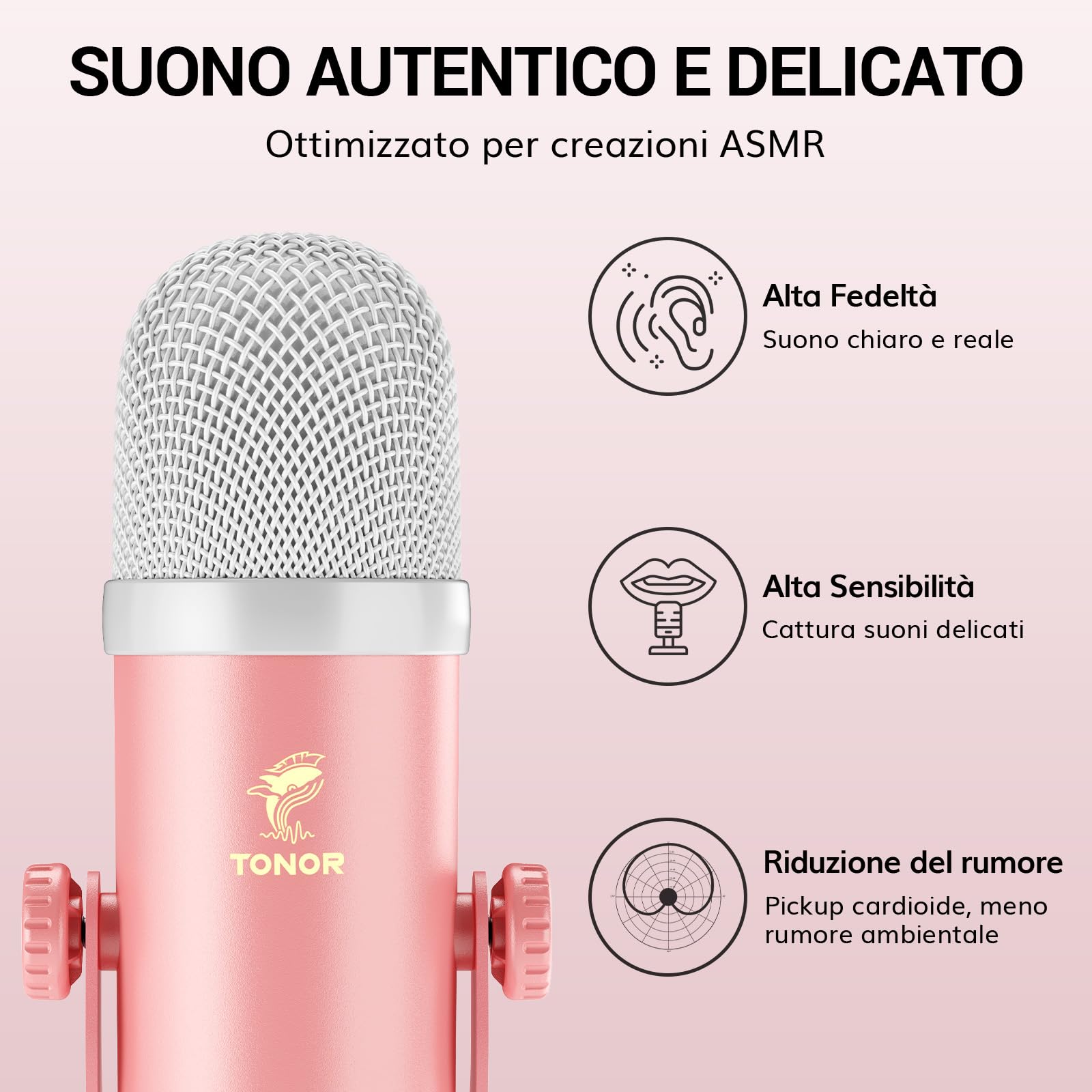 TONOR Microfono ASMR Equipment Bundle, Microfono a Doppio Condensatore con Interfaccia Audio, Audio 3D Immersivo, Suono Nitido, Controllo del Volume, Set per ASMR, Podcast, Registrazione, Rosa