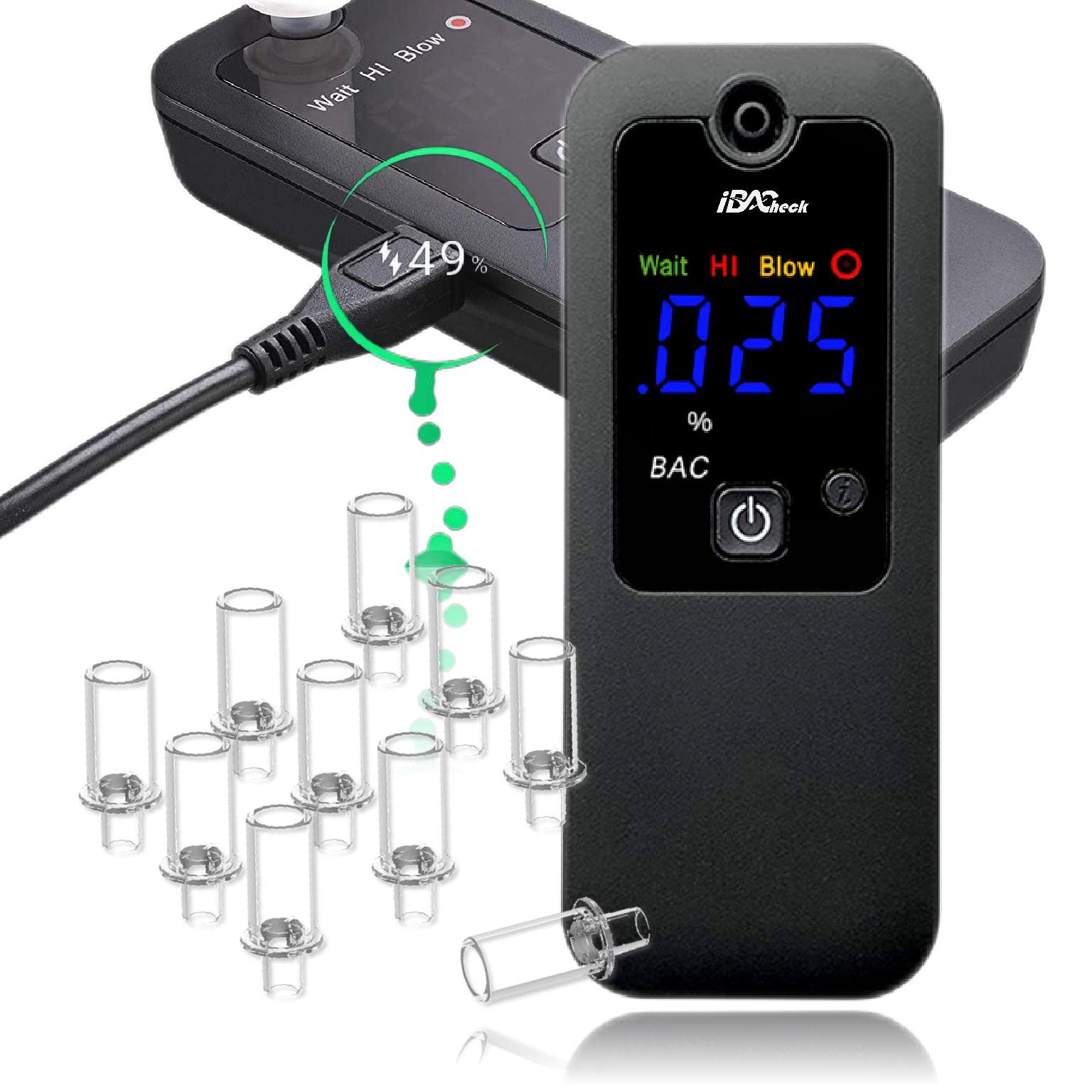 Alcolometro Digitale Ricaricabile con Batteria Rimovibile e Basso consumo energetico. Misuratore di Alcol, Test alcolici con 8 bocchini e indicatore LED
