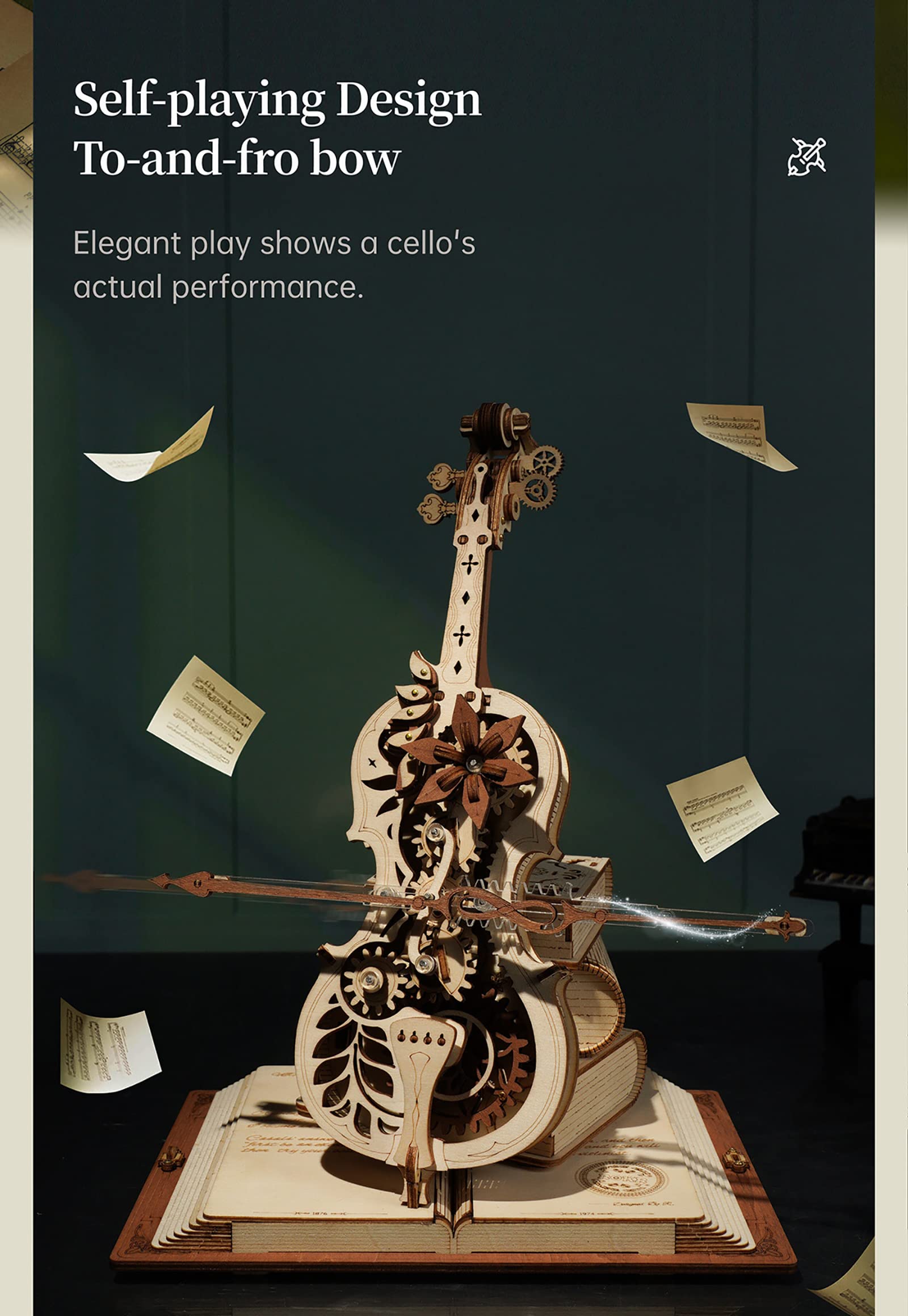 3D-Holzpuzzle, Mechanische Spieluhr Für Magisches Cello, Beweglicher Bogen, Der Die Echte Leistung des Cellos Simuliert, Interessantes Kreatives Spielzeug