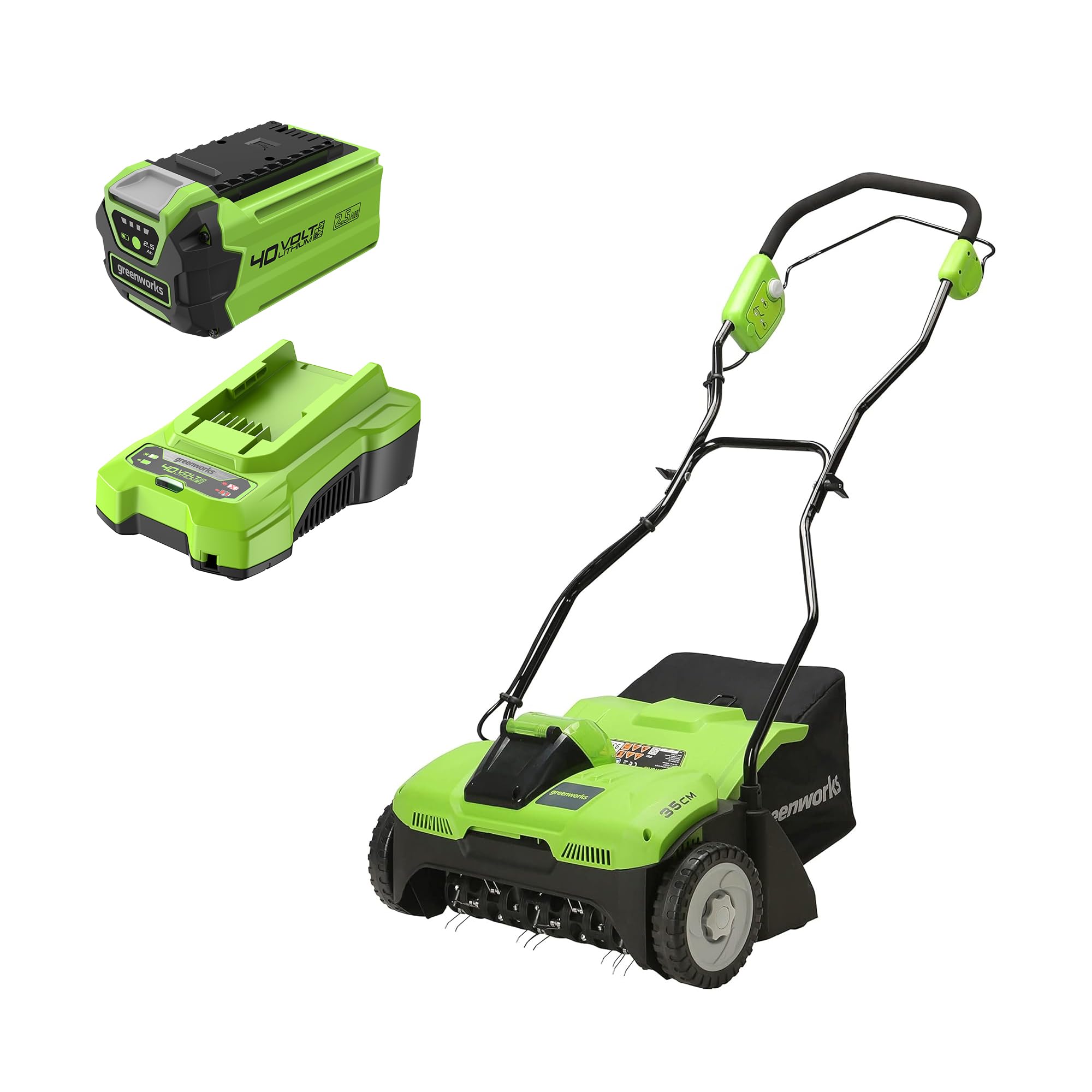 Greenworks 40V Scarificateur électriques Aérateur à Gazon Sans Fil, Émousseur, 3600 tr/min, Largeur de Travail 36 cm, Bac de Ramassage 30 L avec Batterie 2,5 ah et un Chargeur G40DT35K25
