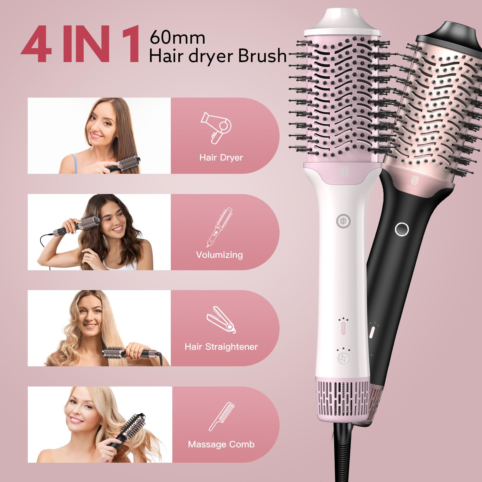 Webeauty [Dual Mode] Spazzola Asciugacapelli & Lisciante, [4 in 1] Spazzola Phon ad alta velocità, Asciugatura rapida, Volumizzante, Levigante, Spazzola Elettrica per Capelli (oro nero)