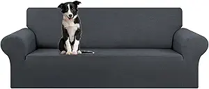 KEKUOU Stretch Oversized Sofa Slipcover 1 Piece Couch Sofa Cover (94"-110") Furniture Protector 4 Seater Sofa with Elastic Bottom for Kids,Pet.Jacquard Checked Pattern Fabric(X Large,Charcoal)