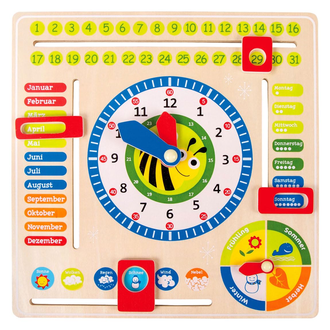 small foot 4765 wooden learning clock "busy bee", learning board for date time and seasons, Unbemalt