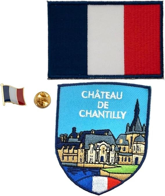 A-ONE 3 PCS Pack- Chateau de Chantilly Landmark Patch+France Flag Lapel Pin and Applique, French Castle Embroidery, Travel Souvenir, Sew on Iron on Embroidery, Patritism Accessory NO.325B
