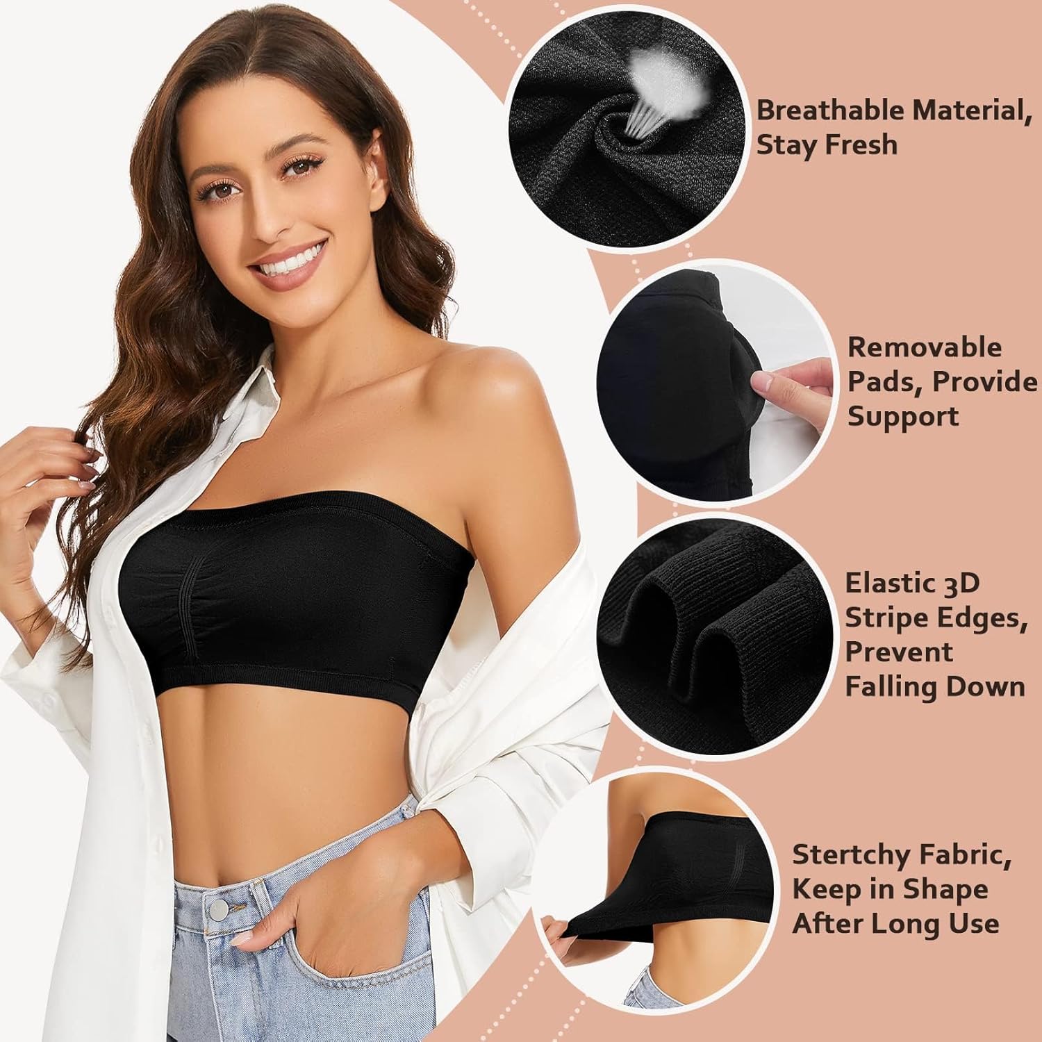 WOWENY Wireless Strapless Bandeau Bra for Women Padded Seamless Padded Bralette with Support Tube Top Bras - Image 2