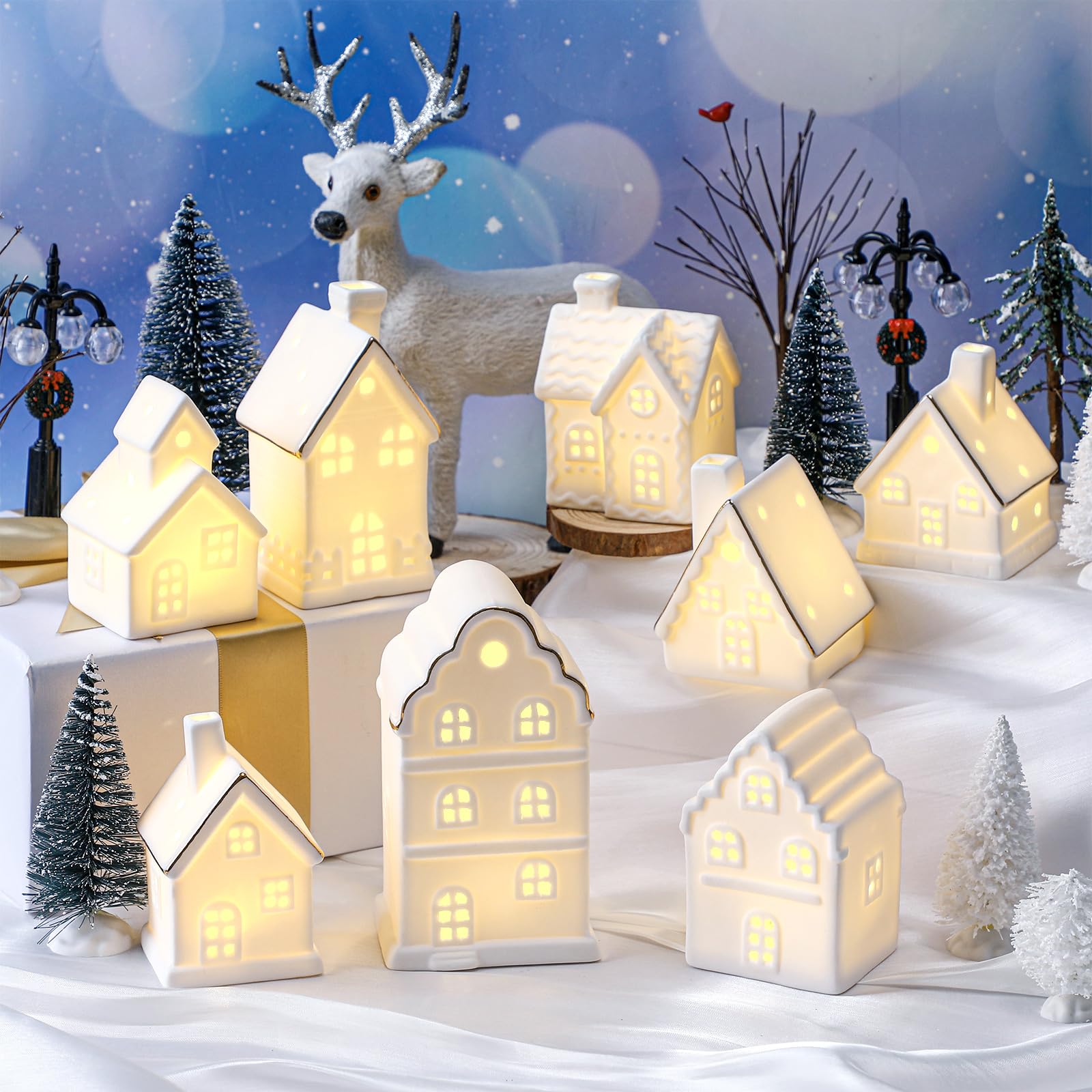 Wesiti Lot de 28 villages de Noël à LED en céramique comprenant 8 maisons de village de Noël à LED, 18 arbres de Noël, 2 lampadaires, décoration de table de cheminée, étagère (mignon)