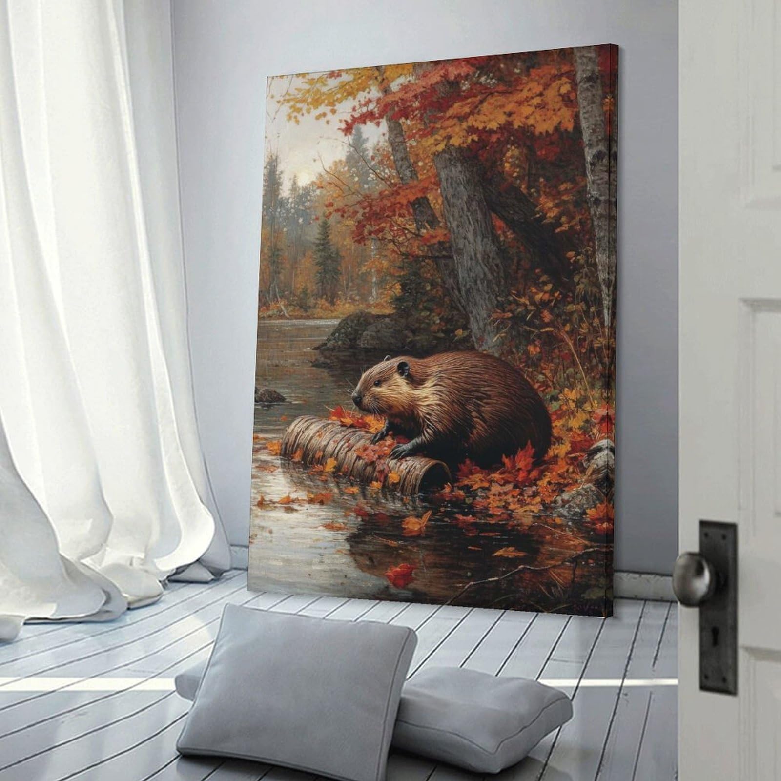 Junmoney Frame-Style-5 Beaver In Autumn Forest Room Decor Wall Art 24X36inch(60X90cm), For Entrance Walls, Hall Decor Or Foyers, A Neat Decor Update For Hallways