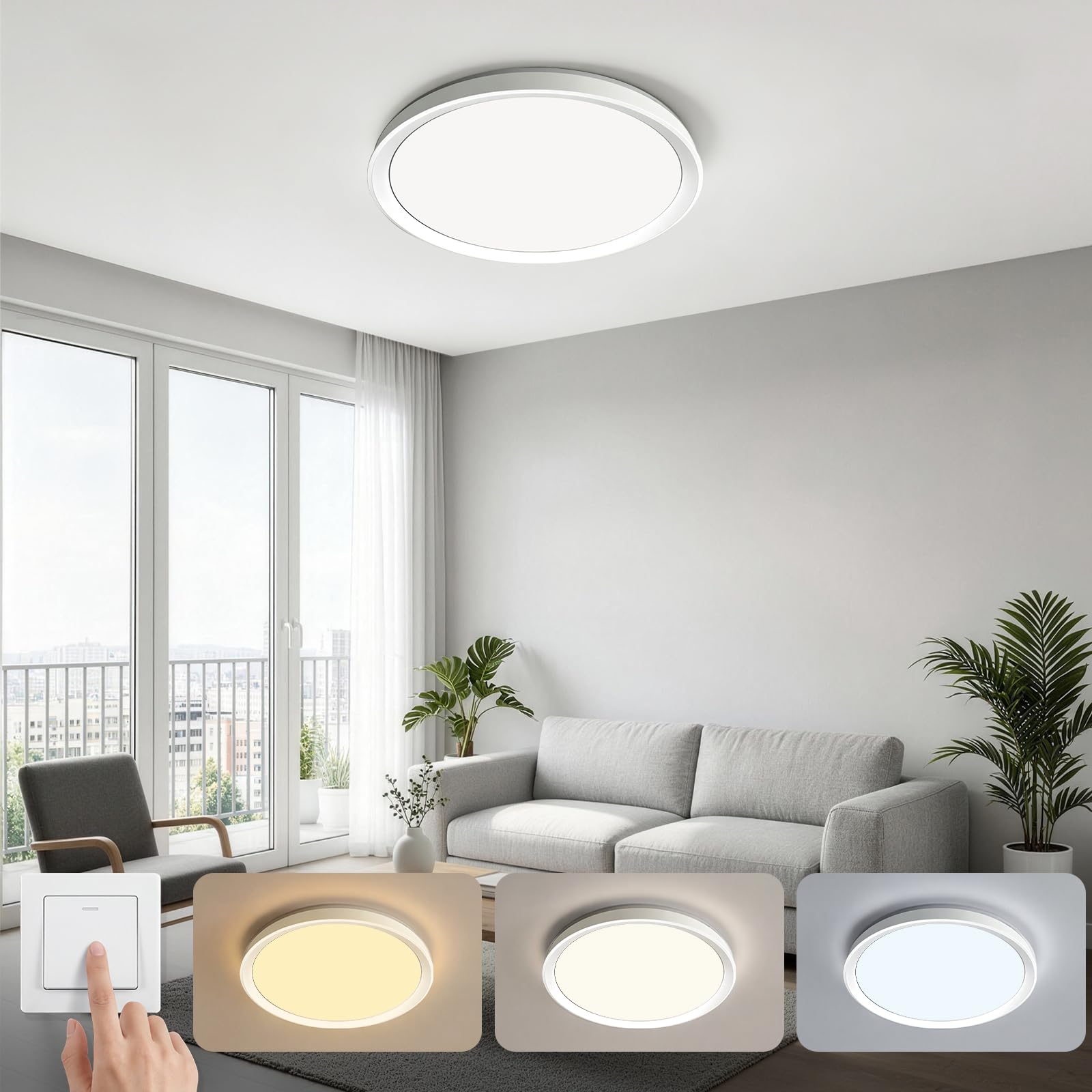 WARMELLE LED Ceiling Light,48W 6500LM Ø38cm White Ceiling Lights Round, 3 Color Temperatures (3000K/4000K/6500K) Wall Switch Control,CRI80+ PF>0.9,for Home Office Bedroom Corridor