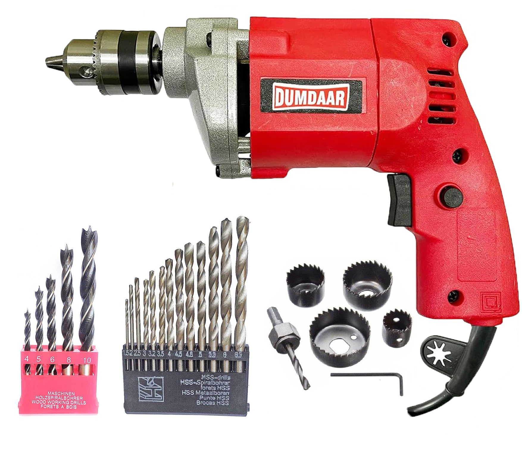 Inditrust Dumdaar 6-Month Warranty 350w 10mm Red Electric drill machine 100% Copper Winding with 6pc Holesaw set, 5pc Wood and 13pc HSS bit set(Pack of 4)-picture-10