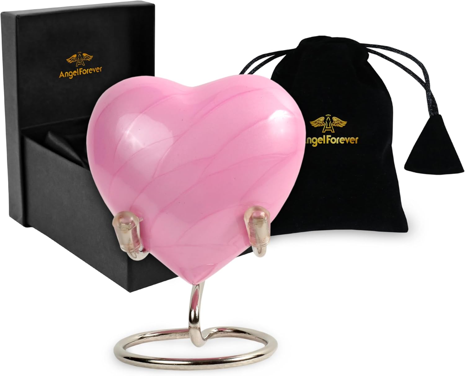 Heart Keepsake Urn for Human Ashes – Handcrafted Pink Aluminum Mini Heart Urn with Silver Stand, Velvet Bag & Gift Box – Small Infant or Pet Cremation Urn, 3 Cu Inches Capacity – Memorial Keepsake