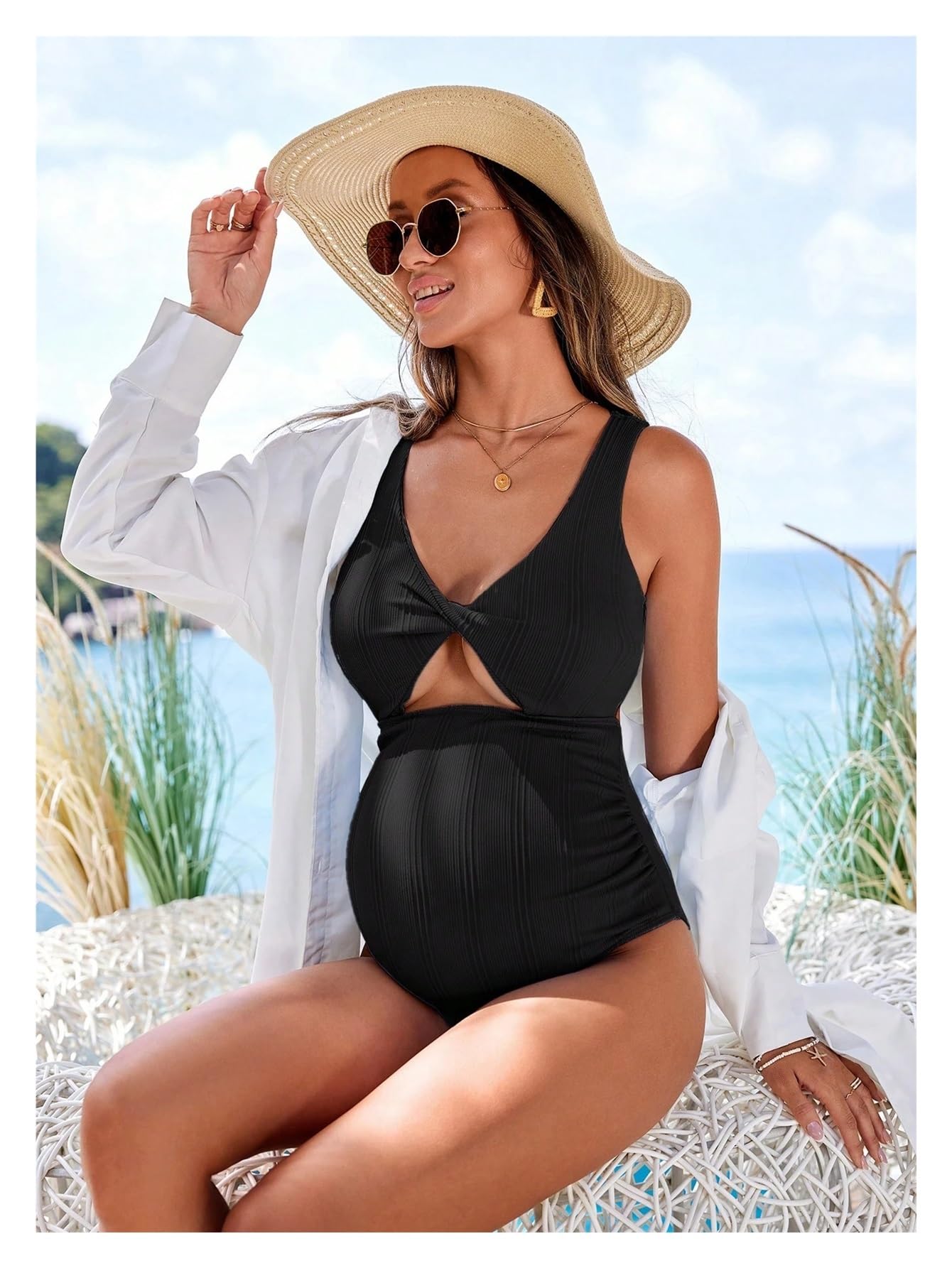 Maillot de Bain Une pièce for Femmes Enceintes, ajouré, Style européen, for la Plage, for pré-Mamans(Blue,M)