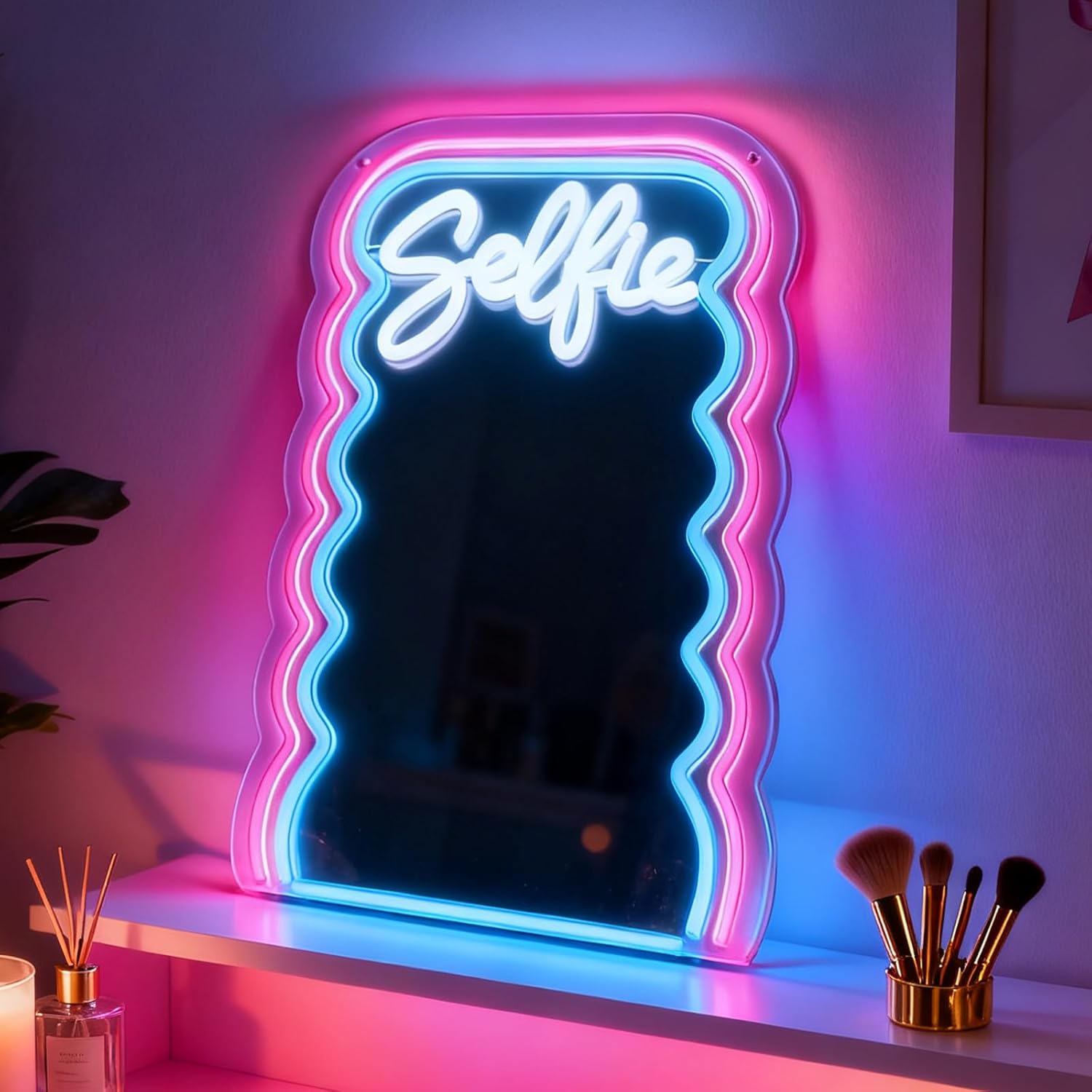 Mirror Neon Sign, USB Powered Dimmable Decorative Neon Light for Girls Bedroom Vanity Living Room Beauty Space Home Wall Table Decor Mirror Neon Light