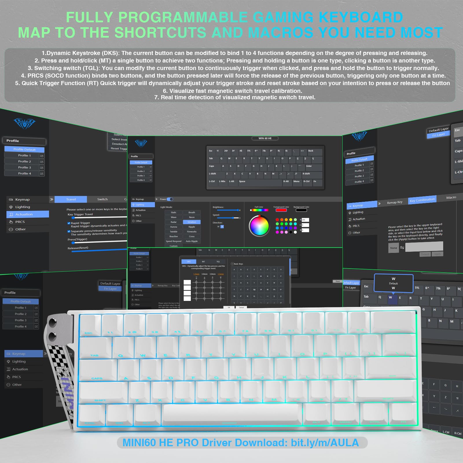 AULA MINI60 Wireless Gaming Keyboard,BT5.0/2.4GHz/Wired,Hall Effect Magnetic Switches,0.01mm RT Accuracy,Adjustable Actuation,8KHz Polling,RGB,WEB Driver,60% Percent Mechanical Keyboard (White) — view 7