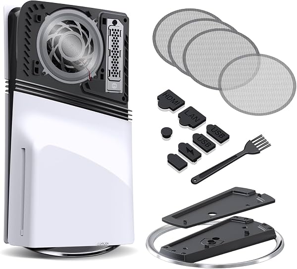 Soporte vertical GRAUGEAR para PS5 con kit de filtro de polvo, cubierta de malla de ventilación 2 en 1 y set de tapones antipolvo, compatible con consolas PS5 Pro, PS5 Slim y PS5 original