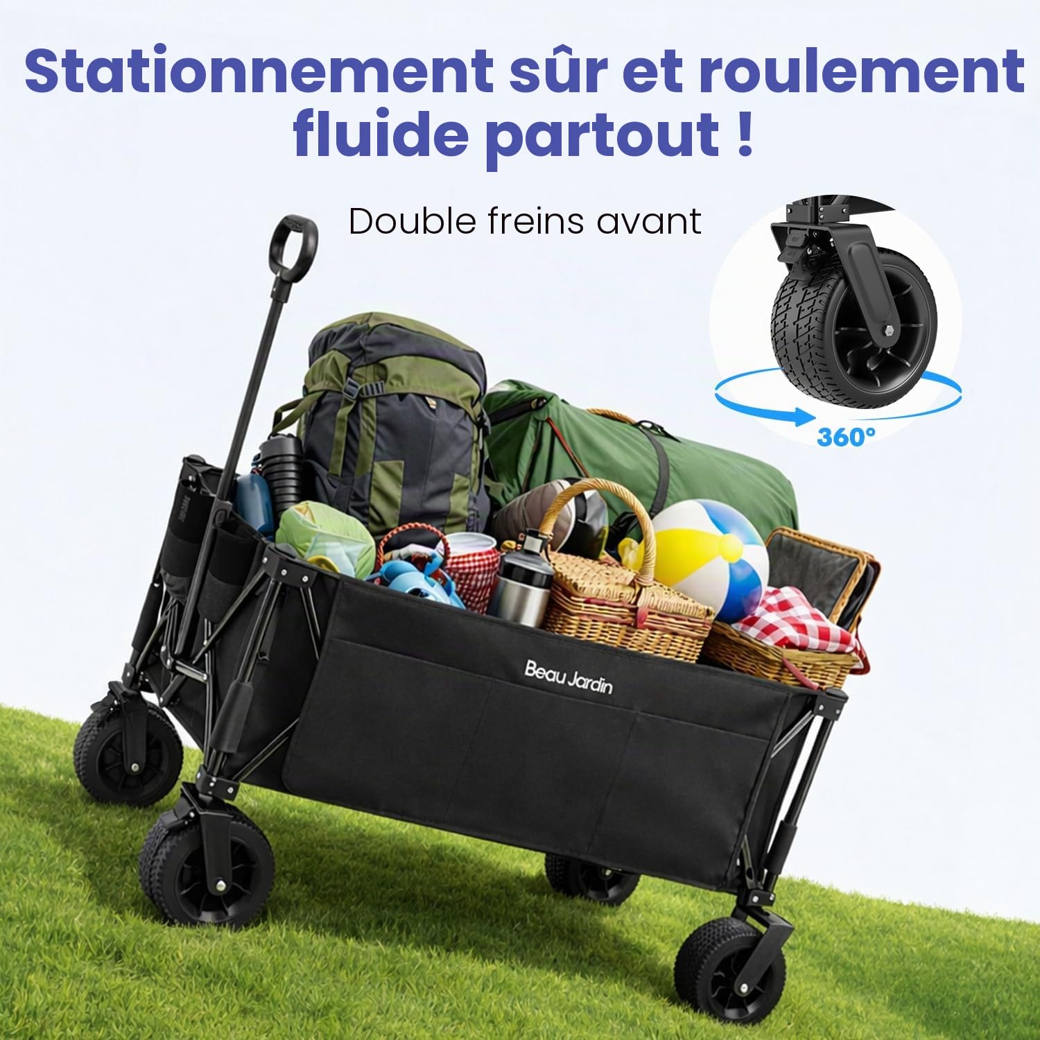 BEAU JARDIN Chariot Tout Terrain Pliable 250 kg 300 L – Roues XXL 18×10 cm avec Frein, Poche Latérale, Toile 600D Imperméable, Structure Renforcée – pour Plage Camping Pêche Jardin Transport